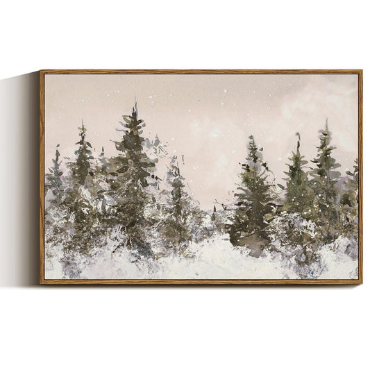VIYYIEA Framed Canvas Wall Art, Large Vintage Christmas Picture Decor Indoor, 16x24in, Retro Winter Pine Forest Painting Artwork For Living Dining Room Hallway Fireplace, Holiday Decorations