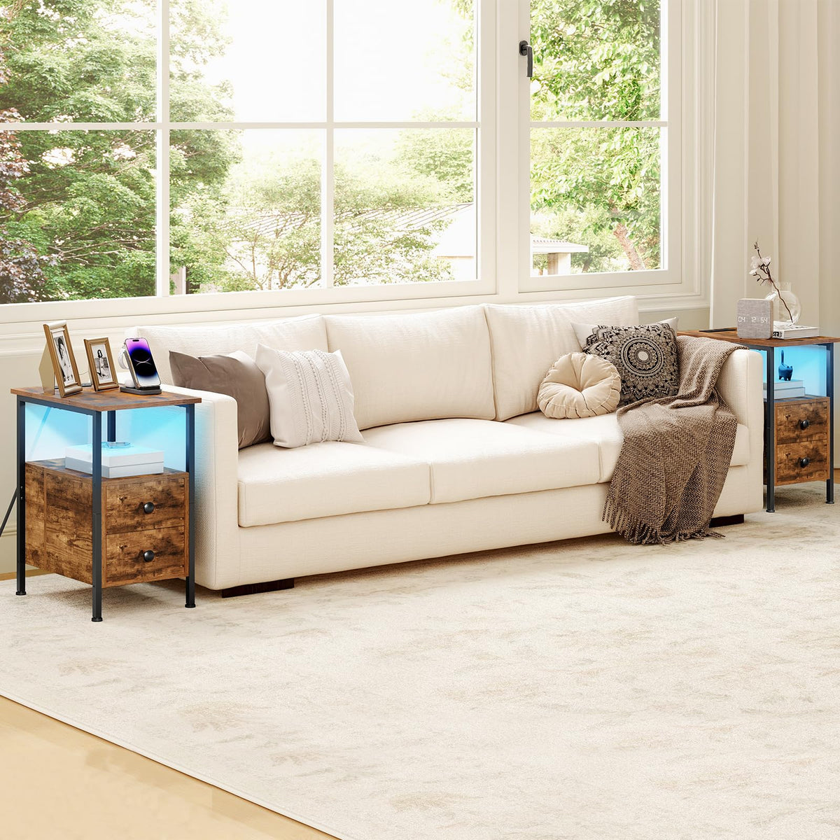 HOOBRO End Table with Charging Station & Led Light, Narrow Side Table with 2 Drawers & USB Ports & Power Outlets, Nightstand for Small Spaces, for Living Room, Bedroom, Rustic Brown Black BF436UDBZ01