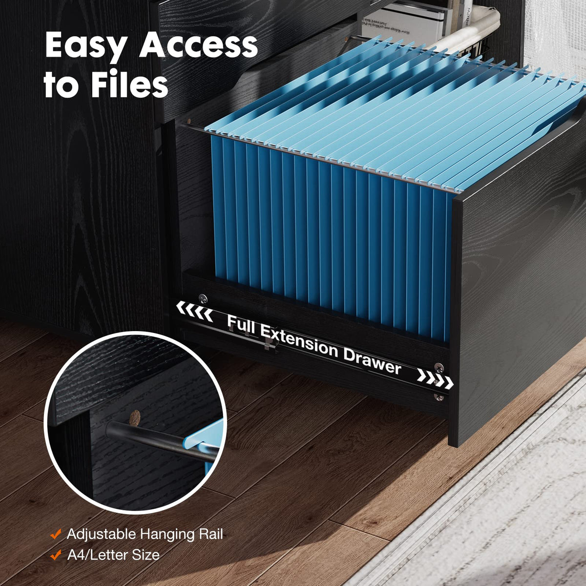 UOCFYK File Cabinet with 3 Drawers, Mobile Lateral Filing Cabinet with Open Storage Shelves for Home Office Under Desk Storage, Black