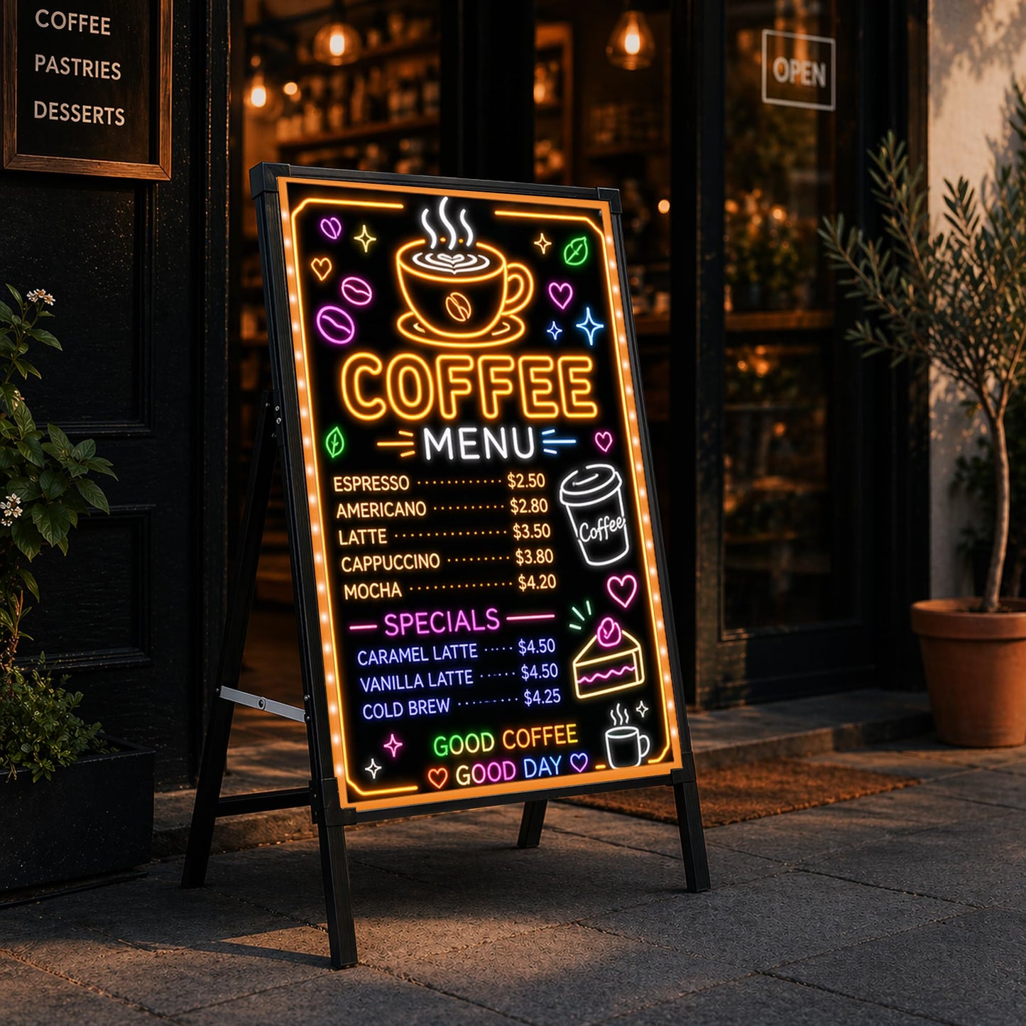 Standing A-Frame LED Message Writing Board 32" x 24", Neon Menu Sign with Adjustable Height, Outdoor Menu Display Board with 8 Colors Markers and Remote Control, DIY Message Light Board