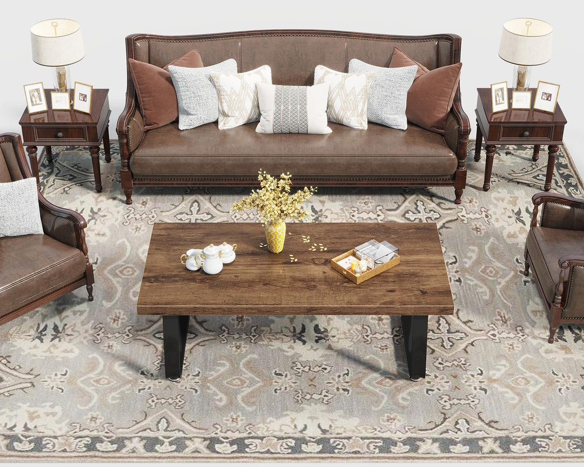 HSH Wooden Coffee Table, Industrial Rectangle Center Table, Modern Minimalist Coffee Table for Living Room, Farmhouse Wood and Metal Cocktail Tea Table for Bedroom Home Office, Rustic Brown, 47 in