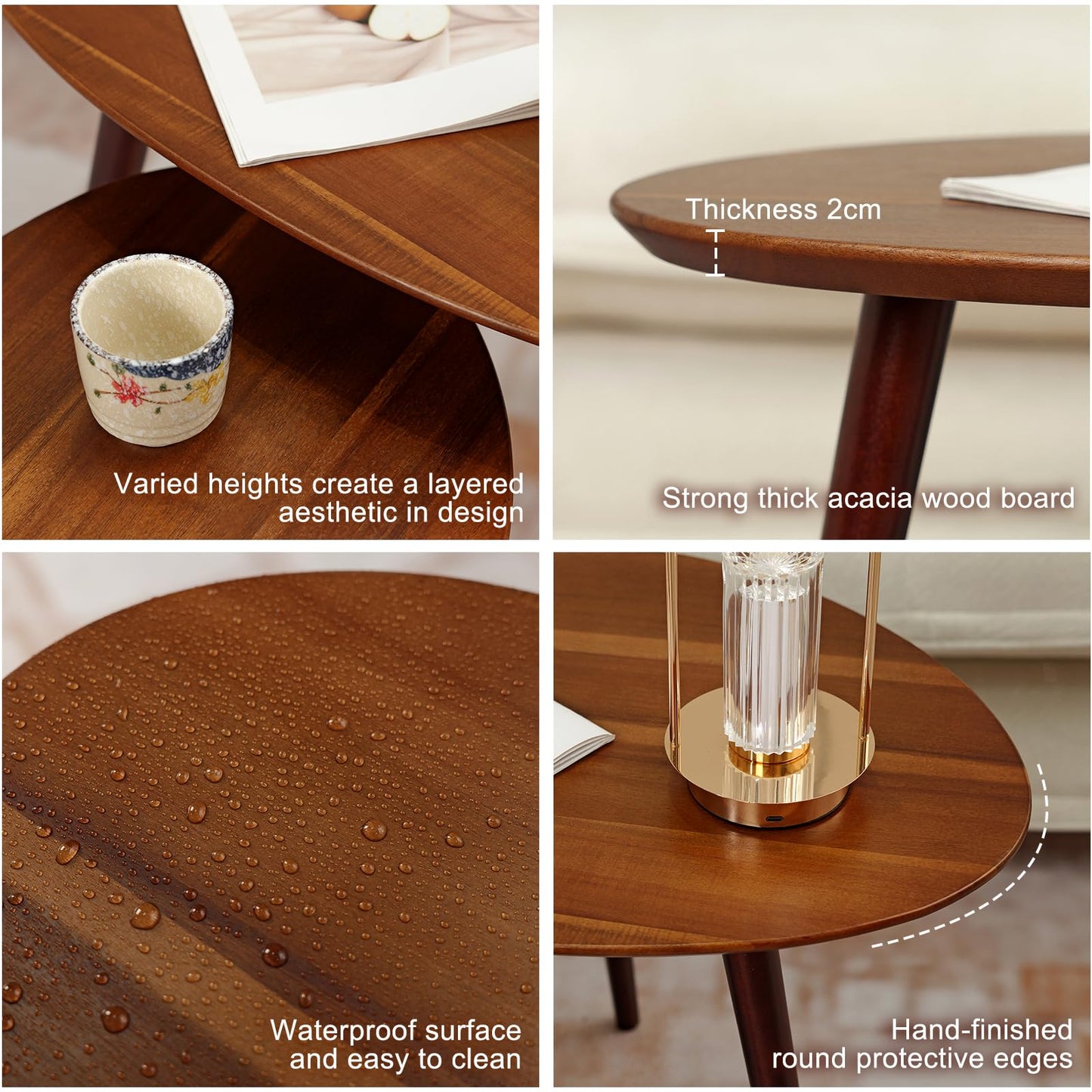 Semjar Small Oval Coffee Tables Set,Acacia Wood Nesting Tables（25.6"x17.7"+17.7"x13.4" for Living Room Small Spaces Office,Easy Assembly Wooden Minimalist Walnut Mid Century Modern Coffee Table