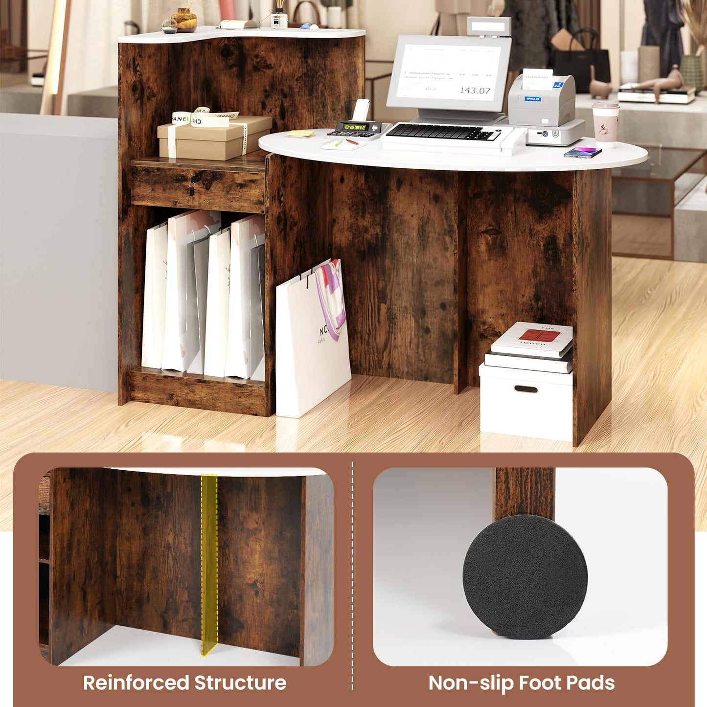 Giantex Reception Desk, Front Counter Desk with Lockable Drawer, Oval Tabletop & Adjustable Shelf, Retail Register Stand, Checkout Table for Office Beauty Salon Reception Room (White & Rustic Brown)
