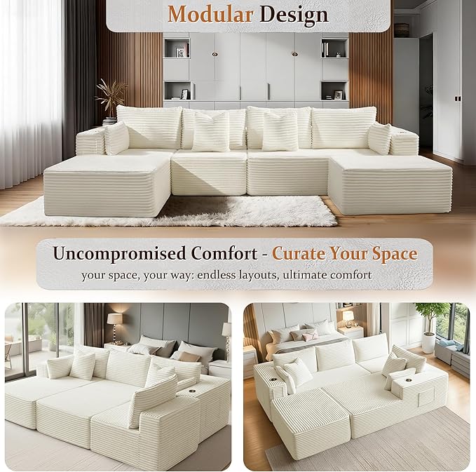138" Cloud Sectional Couch, Comfort U Shaped Boneless Couch