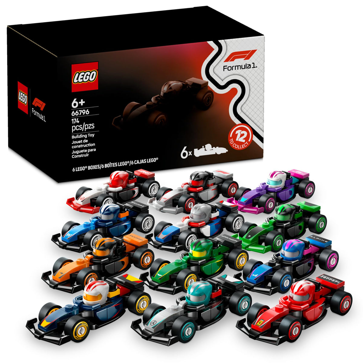 LEGO F1 Collectible Race Cars, 6 Pack - Building Set for Boys & Girls, Ages 6+ - Birthday Party Favor or Gift - Mystery Box W/Surprise F1 Car Toys - Travel Toys for Kids - 66796