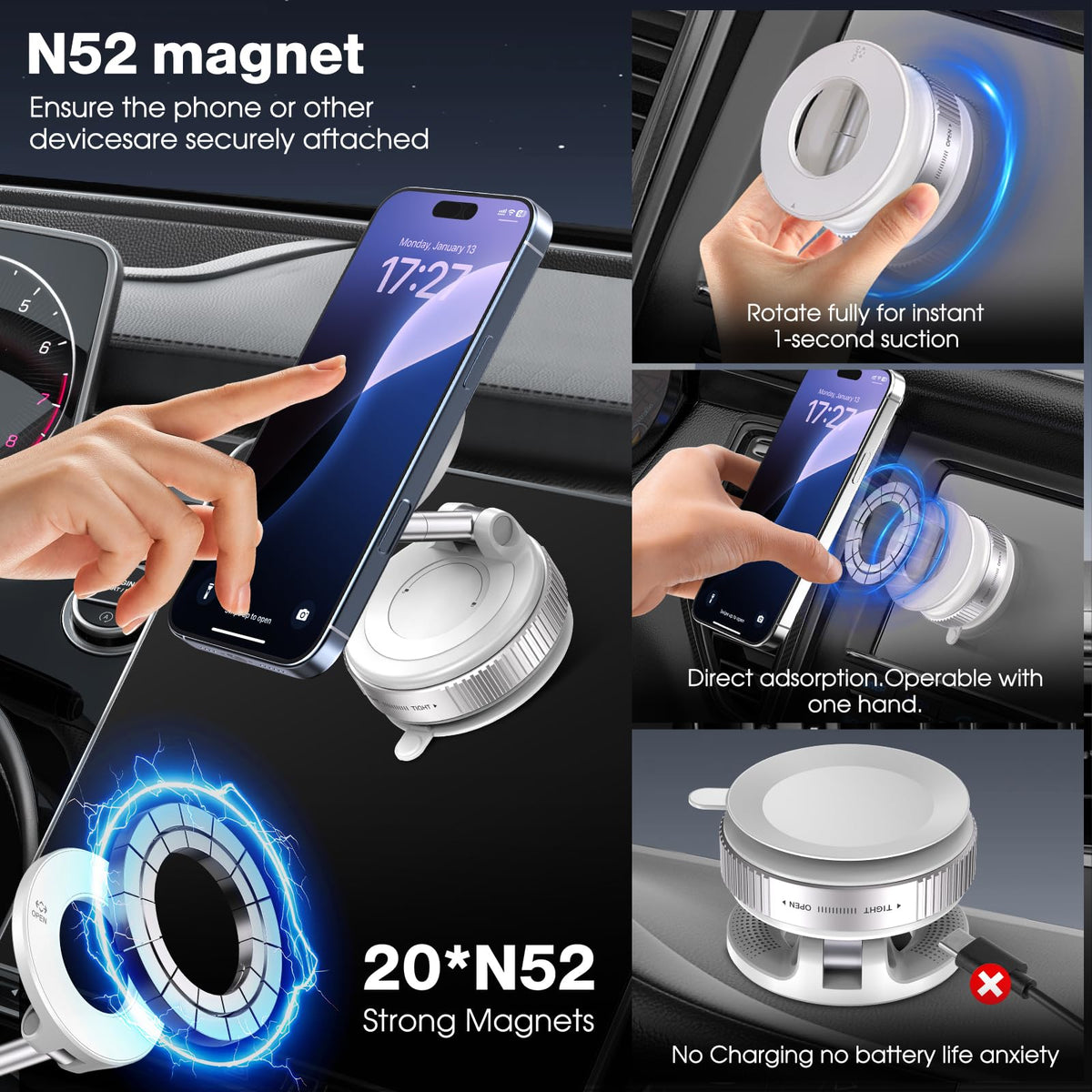 Jikasho Vacuum Magnetic Car Phone Holder for Magsafe, Hands-Free 360° Adjustable Suction Cup Phone Mount for Car/Gym/Mirror/Smooth Surface, Compatible with iPhone & Android (White)