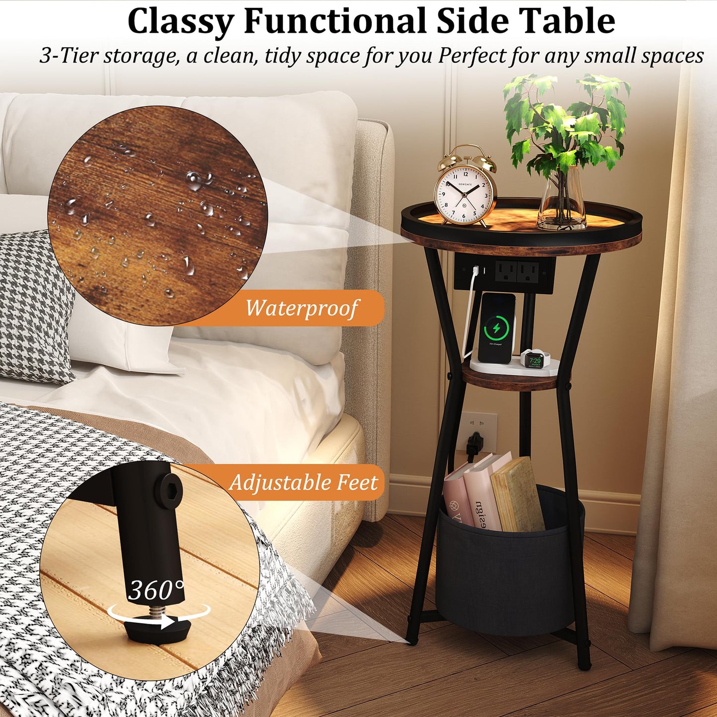 Yusong Round Side Table with Charging Station, Small Drink Table for Small Spaces, 3-Tier Industrial End Table, Accent Nightstand Bedside Table for Living Room, Bedroom, Sofa Couch, Rustic Brown