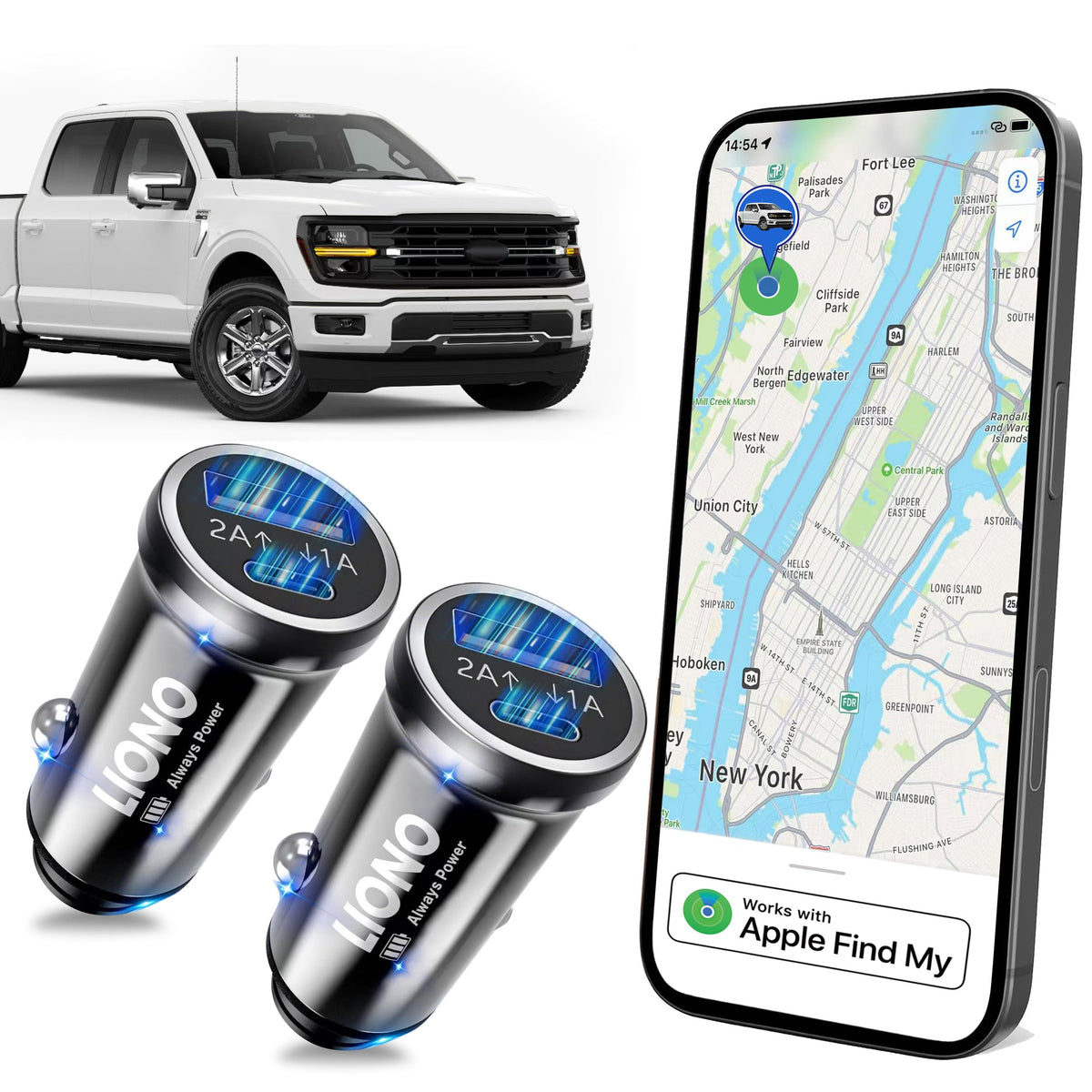LIONO Car GPS Tracker & Charger with Built-in Rechargeable Battery, GPS Tracker for Vehicles, Hidden Car Tracker for Anti-Theft & Parking Location, for Family& Fleets, No Monthly Fee, No SIM, iOS Only