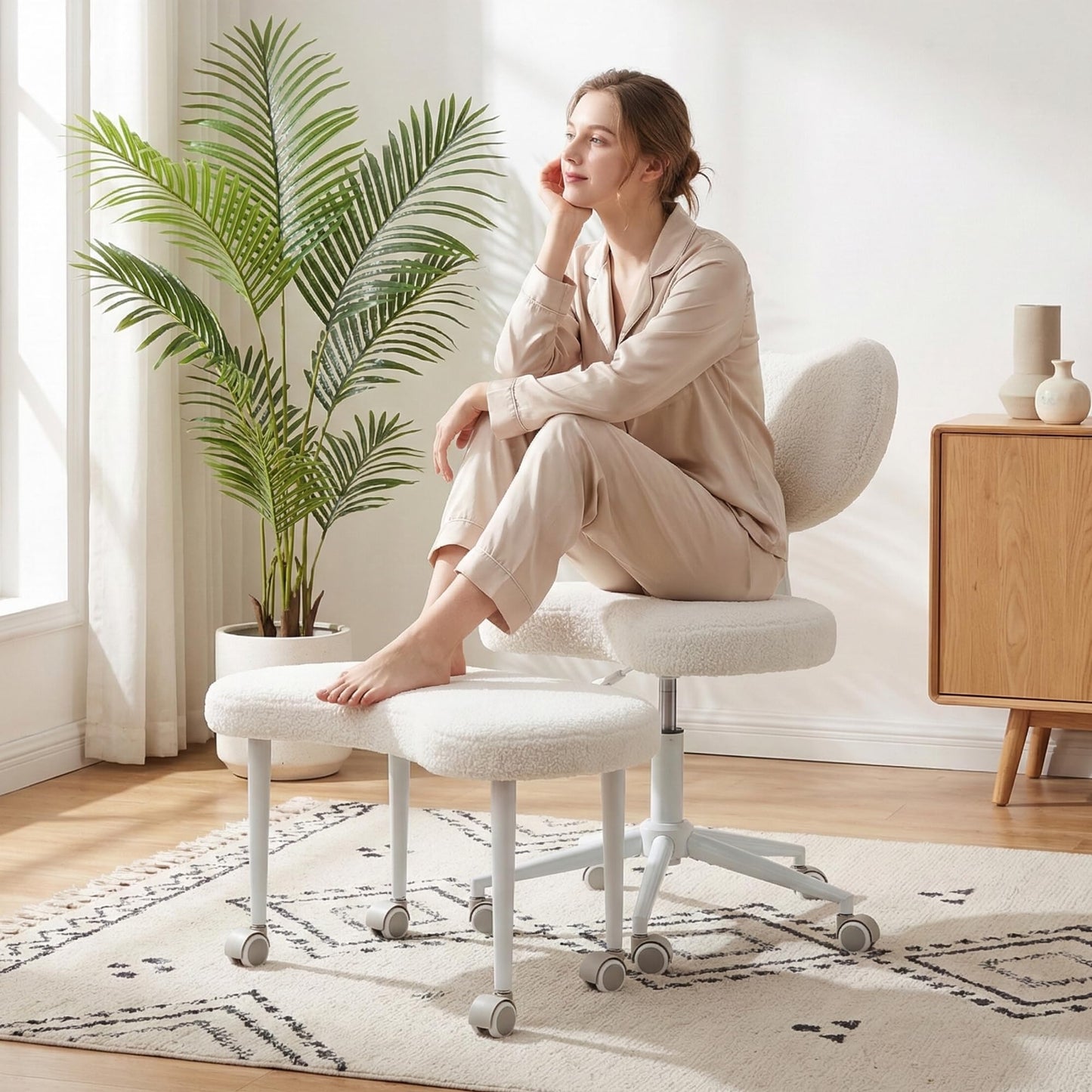 Ergonomic Cross Legged Chair with Wheels,360° Swivel Meditation Chair,ADHD Chair, Criss Cross Desk Chair with Lumbar Support and Adjustable Stool, Flexible Design for Fidgety Sitters, Ivory