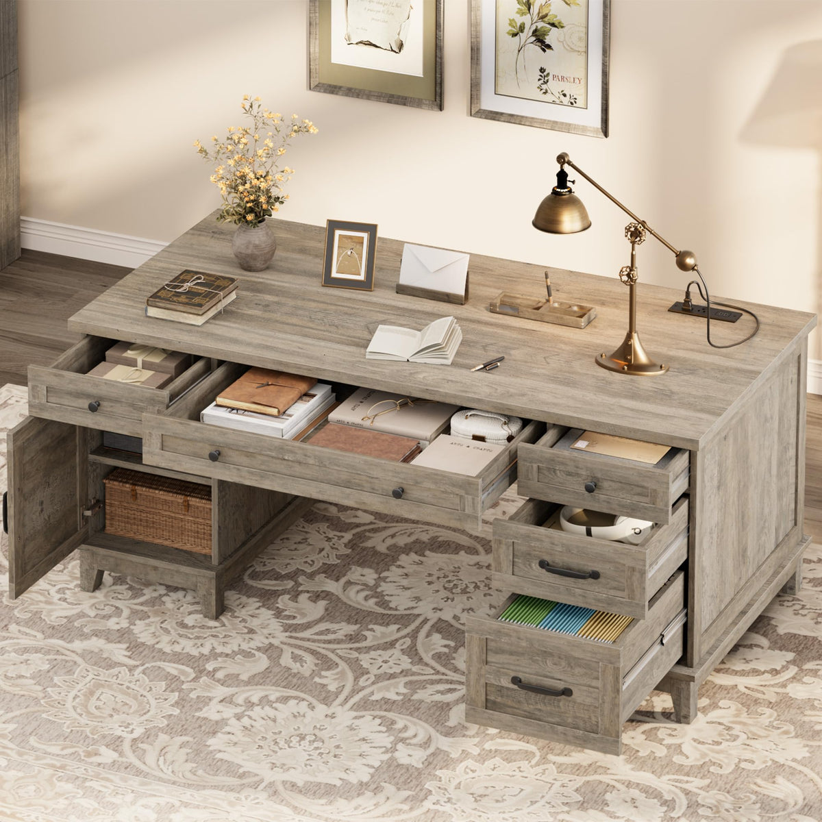 Garvee 60" Wooden Home Office Desk with File Drawers, Executive Desk with Adjustable Cabinet, Farmhouse Wood Desk with Power Outlet, Distressed Study and Work Table, Rustic Grey