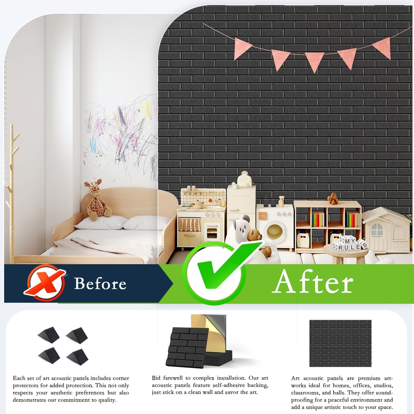 12Pack Acoustic Panels, Self-Adhesive 3D Brick Pattern Sound Proof Panels for Walls, Decorative Sound Dampening Wall Panels for Recording Studios, Offices, Home, 12"×12"×0.4", Black