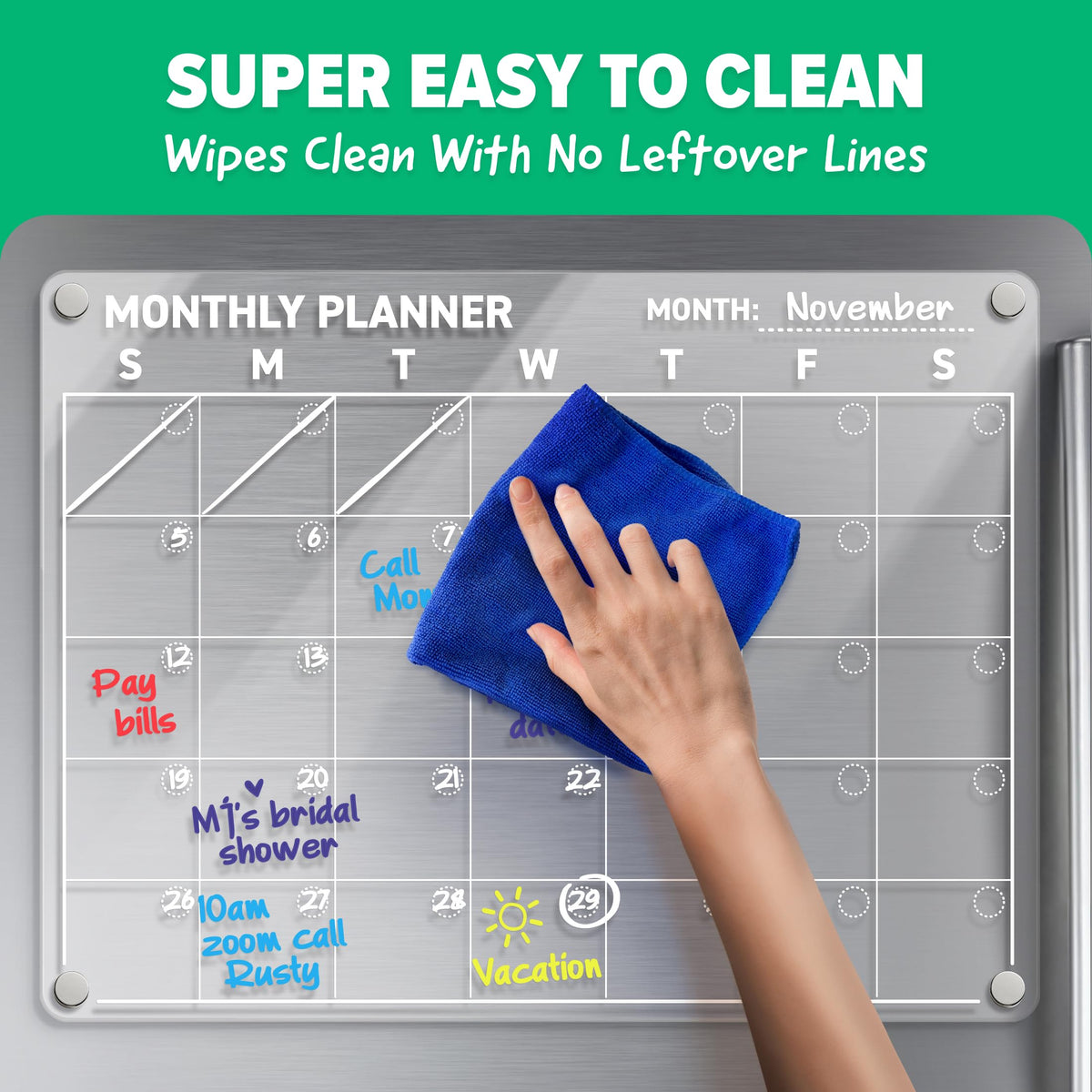 Acrylic Calendar for Fridge - Magnetic Calendar for Refrigerator - 2pc Family Refrigerator Magnetic Dry Erase Planning Board Monthly Weekly - 6 Liquid Chalk Markers & 3 Interchangeable Backgrounds