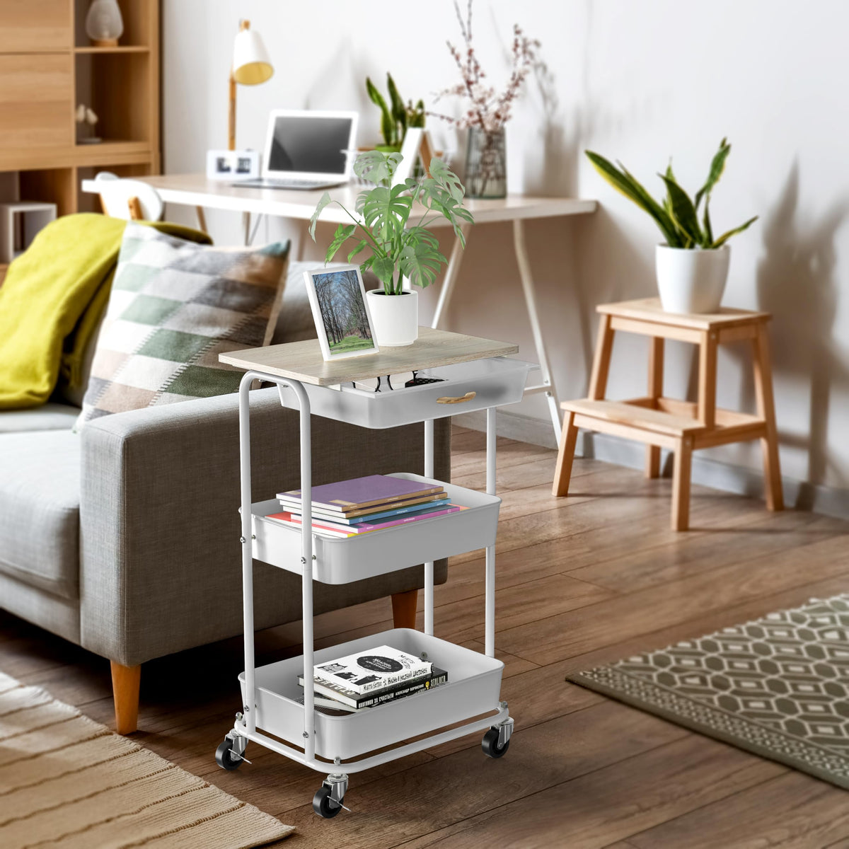 Simple Houseware 3-Tier Rolling Utility Cart with Drawer & Wood Tabletop - Mobile Sofa Side Table, Nightstand, Slim Storage Organizer Trolley for Bedroom, Bathroom, Office & Art Supplies, Maple