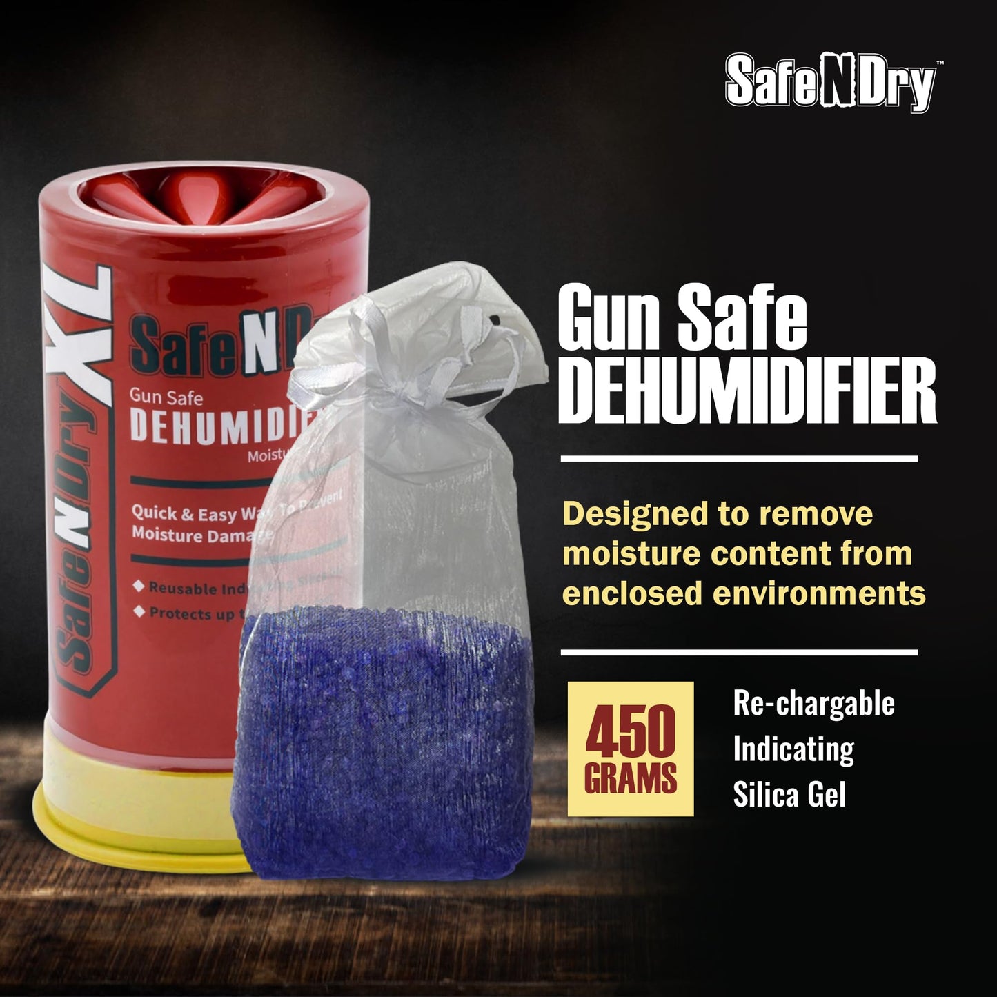 SafeNDry XL Gun Safe Dehumidifier - Portable Moisture Absorber, Prevents Corrosion, 450g Reusable Indicating Silica Gel Desiccant Canister for 60 Cubic Feet