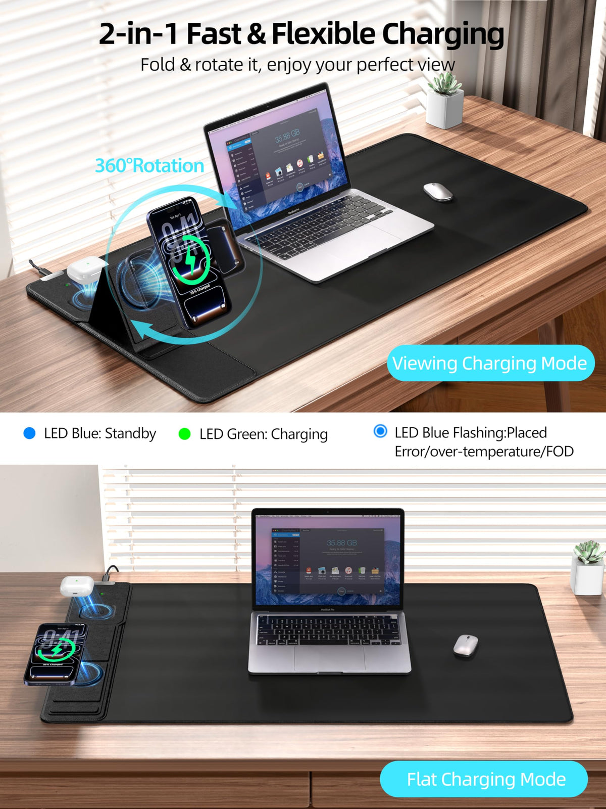 Mouse Pad with Magnetic Wireless Charging & Adjustable Phone Stand, 31.5"x15.8" Extended Desk Mat, Waterproof Ultra-Smooth Keyboard Pad, Non-Slip Base, Black