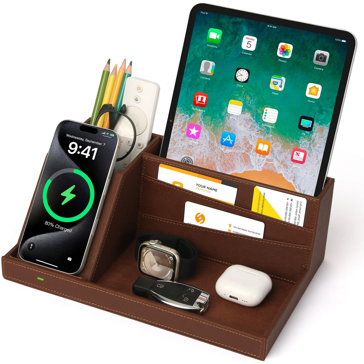 Fast Wireless Charging Station with Desk Organizer for iPhone 17/16/15/15 Pro/14/14 Pro Max/14 Pro/14 Plus/13/13 Pro Max/13 Pro/and iPhone 12/11 Series, Nightstand Desktop Organizer, Brown