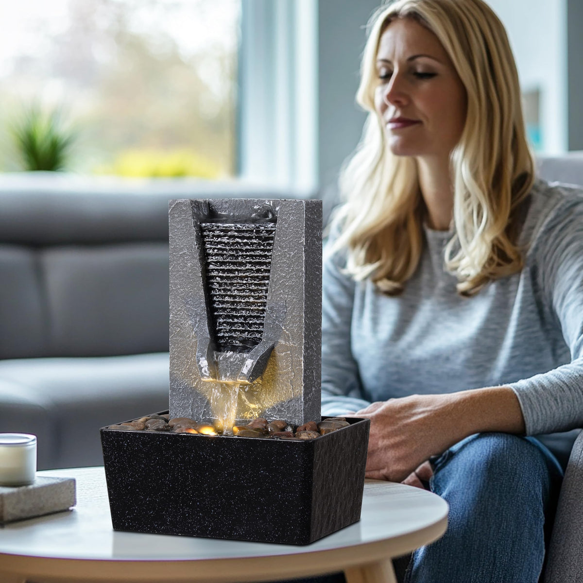 Zen Tabletop Indoor Water Fountain - Indoor Waterfall with LED Light, Relaxing Water Sounds for Office Desk Decor, Home Meditation & Stress Relief, Ideal Relaxation Gift for Women/Men