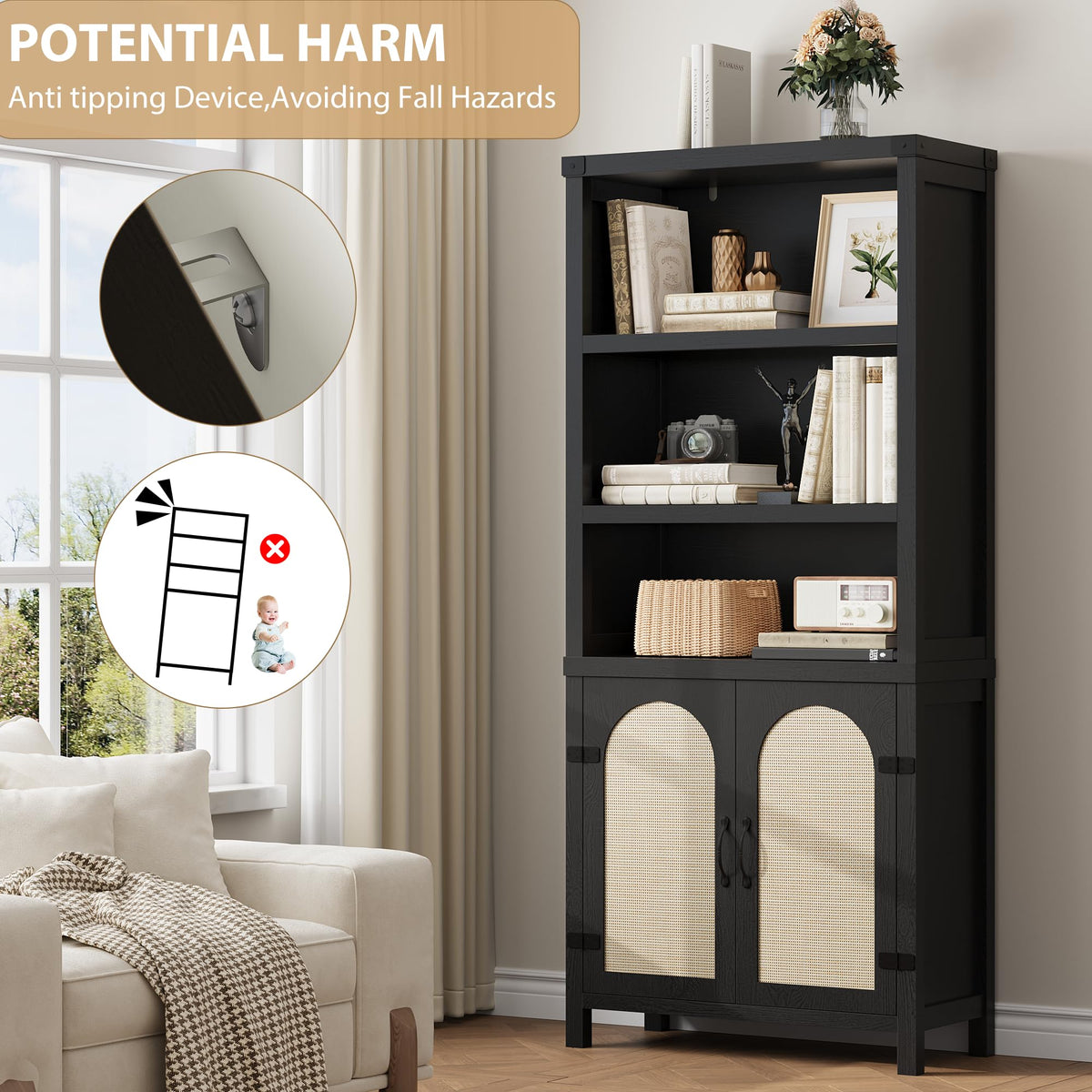 GarveeHome Bookshelf and Bookcase with Doors, 5 Tier Double Wide Large Bookshelves, Open Display Shelves, 70'' Tall Bookshelf with Storage Cabinets for Home Office, Living Room, Library, Black