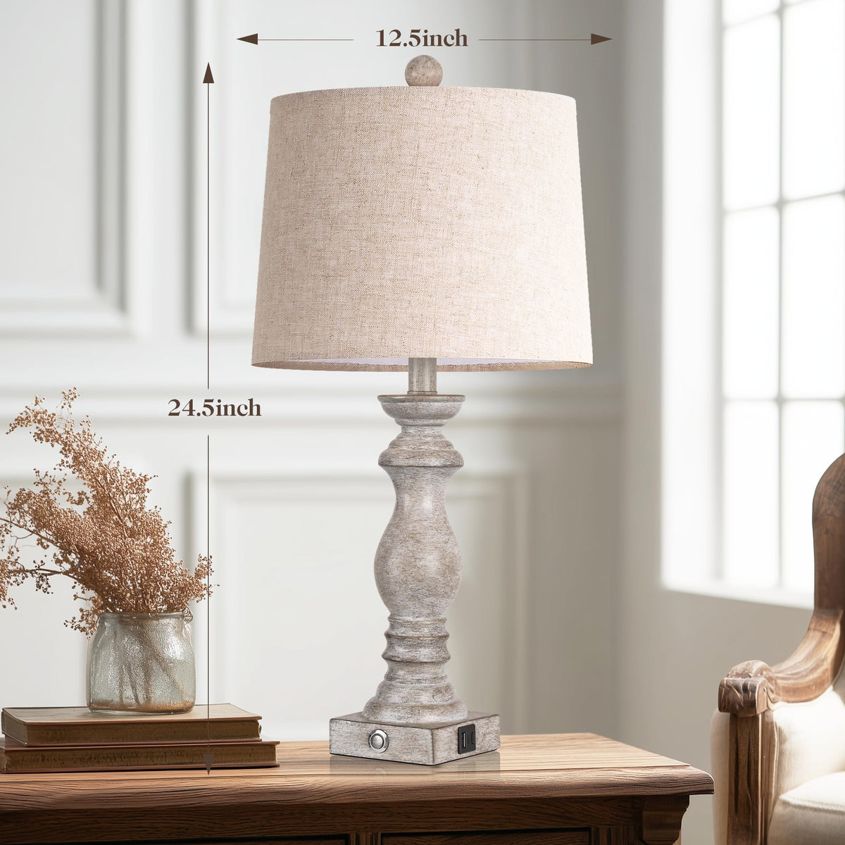 24.5" Table Lamp Set of 2, Rustic Farmhouse Bedside Lamps with USB A+C Charging Ports, 3-Way Dimmable Touch Control Nightstand Lamps for Living Room Bedroom, Antique Grey White, LED Bulbs Included