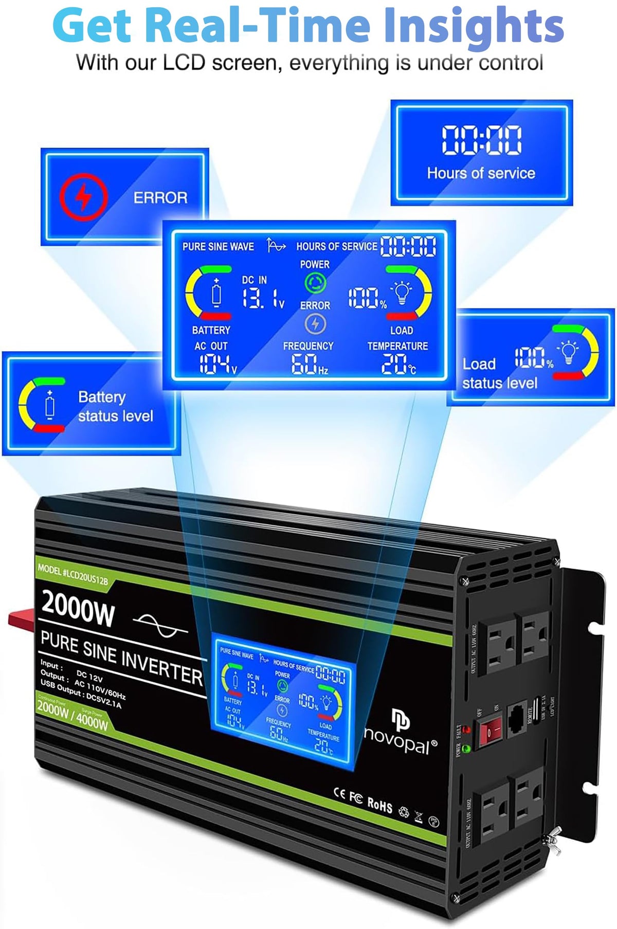 NOVOPAL 2000 Watt Pure Sine Wave Power Inverter DC 12V to AC 110V 120V Rv Inverters with 1 USB Port-16 feet Remote Control, LCD Display for Truck, Hurricane, Home