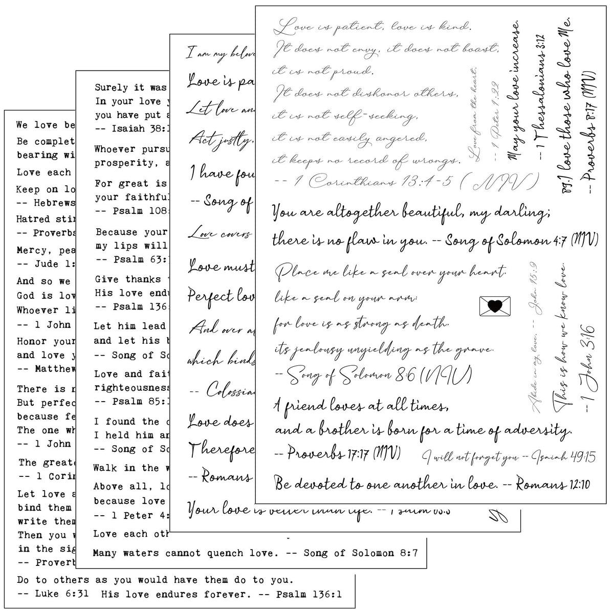 Esland Bible Verses Planner Stickers – 4 Sheets of Love Quotes, Retro Typewriter & Hand Lettering Styles, Inspirational Christian Stickers for Journaling, Scrapbooking, Bible Study, and Crafts