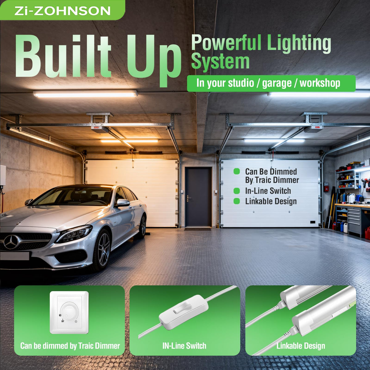 Zi-ZOHNSON 6 Pack Dimmable 4FT Led Shop Lights,30W T8 Integrated LED Light,3000-6500K Tunable with Switches 6CCT 6Watts,4500LM Frosted Cover,Linkable, Plug-in Shop Lights for Workshop,Garage,Basement