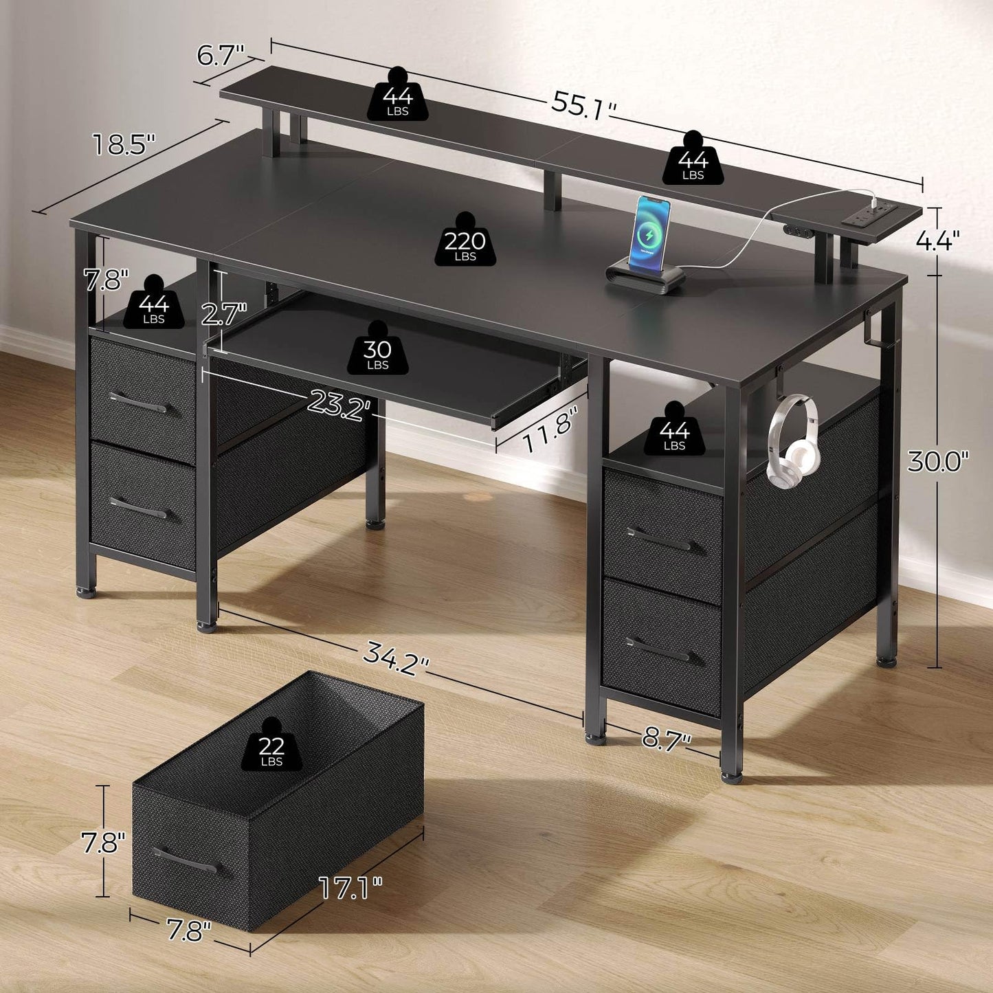 Seventable Computer Desk 55.1" with LED Lights & Power Outlets, Home Office Desk with 4 Drawers, Writing Desk with Keyboard Tray, Study De sk with Monitor Stand, Work for Home Office, Black