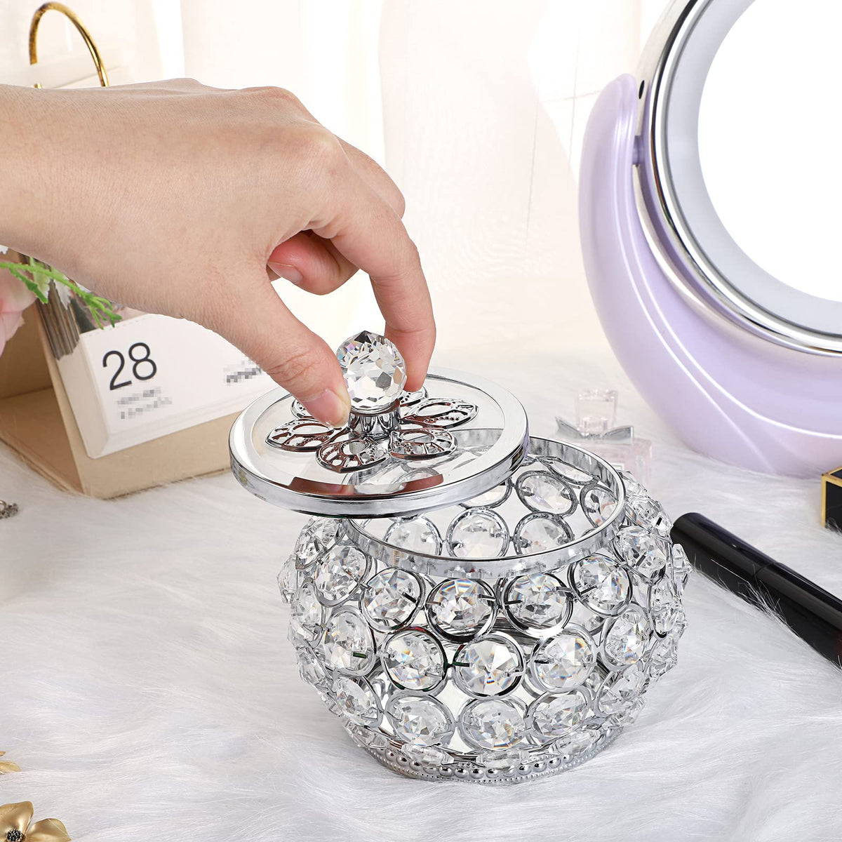 Hipiwe Crystal Jewelry Box with Glass Lid Small Trinket Organizer Mirrored Treasure Box Ring Holder Earrings Necklace Storage Box Keepsake Gift Box for Home Dresser Decor, Silver
