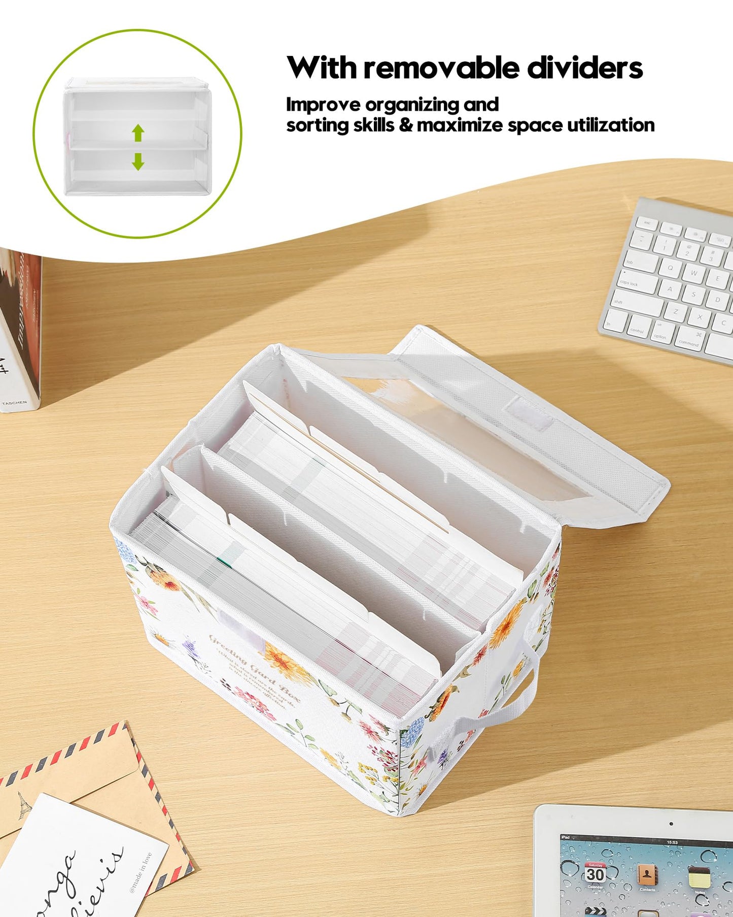 Meunmro Greeting Card Organizer Box With 13 Removable Dividers, Oxford Cloth Card Organizer With Transparent Lid, Store 140+ Cards for Photos, Stamp, Crafts, Envelopes, Sticker, Scrapbooking