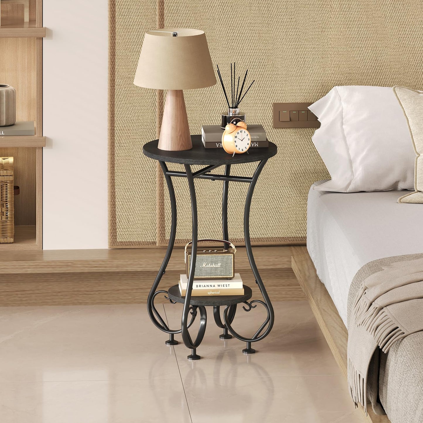 X-cosrack Small Round Side Table,Round End Table for Small Spaces - Black Metal Nightstand with Adjustable Feet,Couch Sofa Coffee Table,Retro Accent Table for Living Room Bedroom Balcony