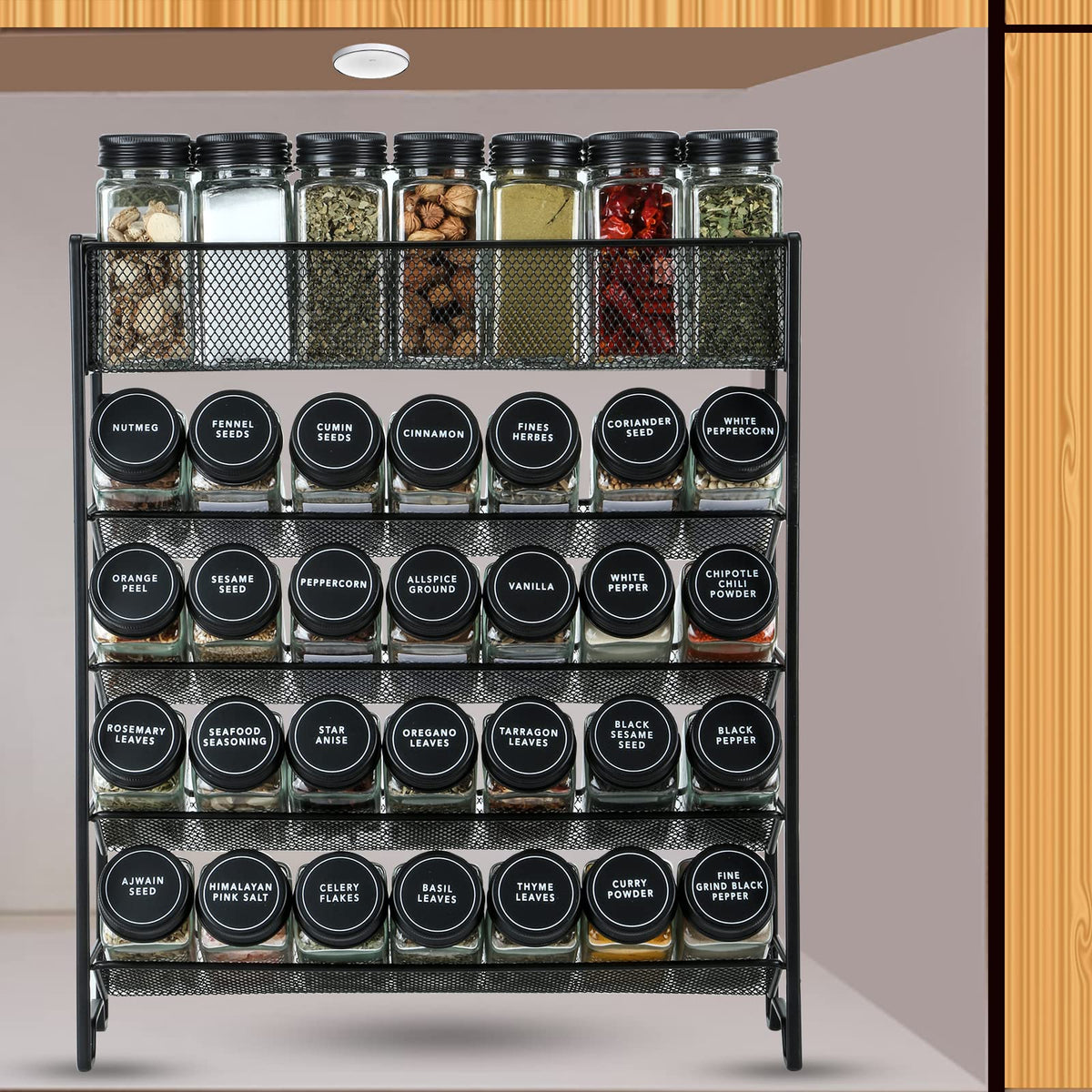 Skiileor Spice Rack Organizer with 28 Spice Jars, Black Lids，Spice Labels, Chalk pen and Funnel Set for Cabinet, Countertop, Pantry, Cupboard or Wall Mount