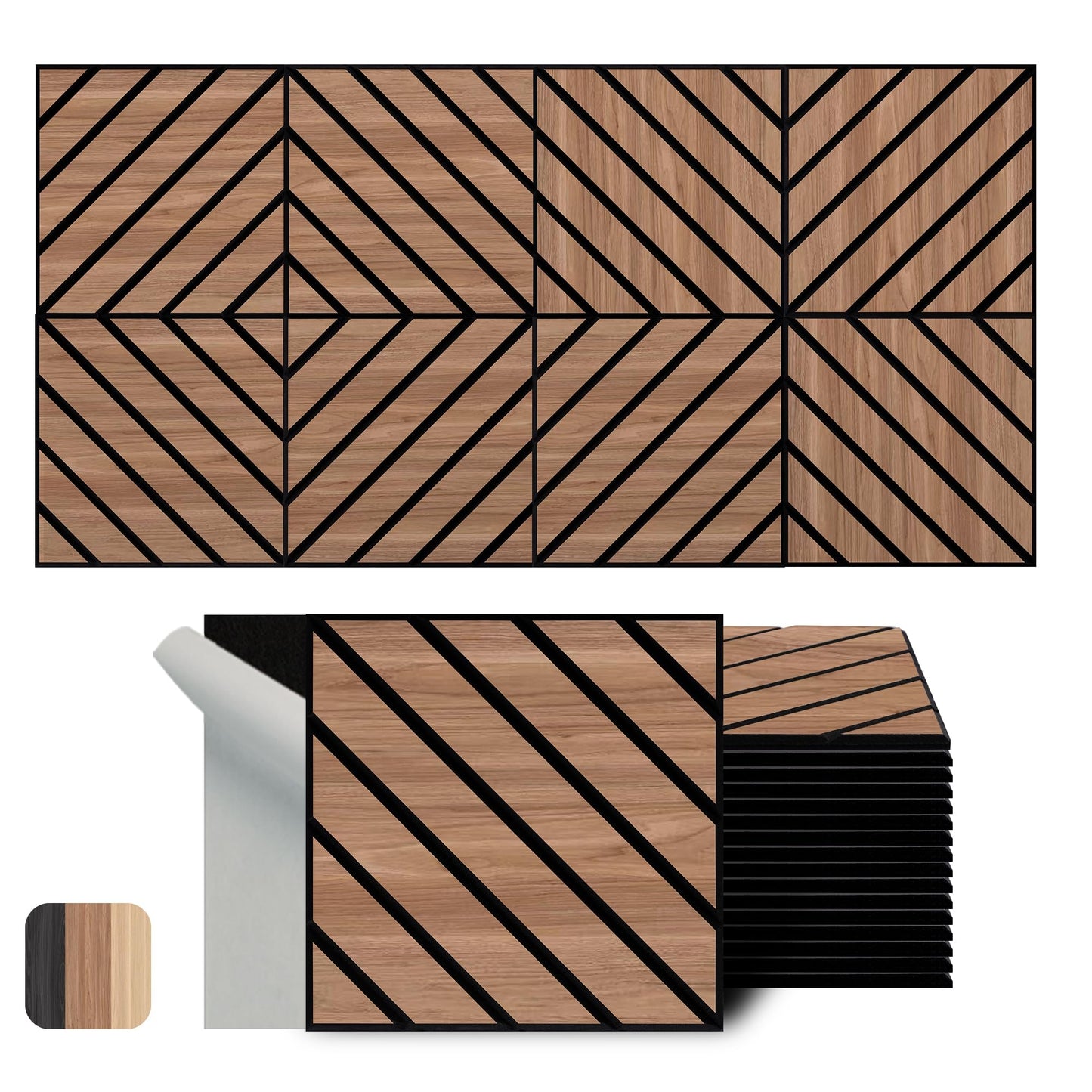 WoveN SounD Artisan Acoustic Wall Panels, 16 Pack 12x12 Inch, PVC Wood Grain Carved Sound Proof Wall Decor, Self-Adhesive for Home, Studio, Office & Focus Zones, Twill Pattern, Teak