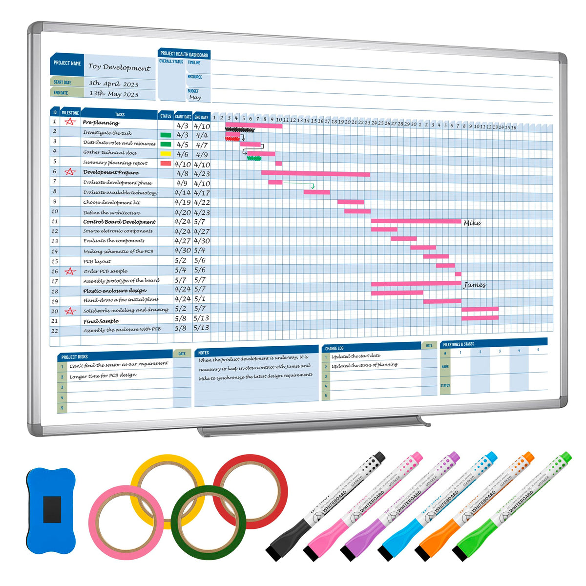 Business Gantt Chart Board – 40"x24" Professional Project Management Whiteboard with Tapes & Markers