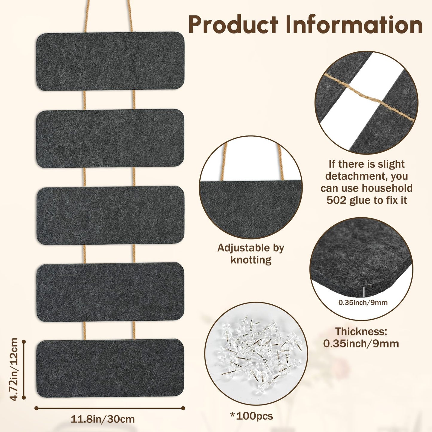 Double-Sided Hanging Felt Boards with Rope，5-Piece Integrated Design Pin Board for DIY Display
