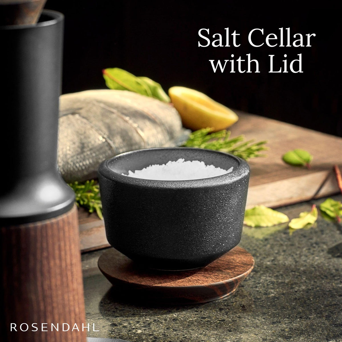 Rosendahl RÅ Salt Cellar with Ash Wood Lid - Black Ceramic, Rustic Stoneware with Cast Iron Look, Japandi Inspired Design, Stylish Addition to Your Table Setting