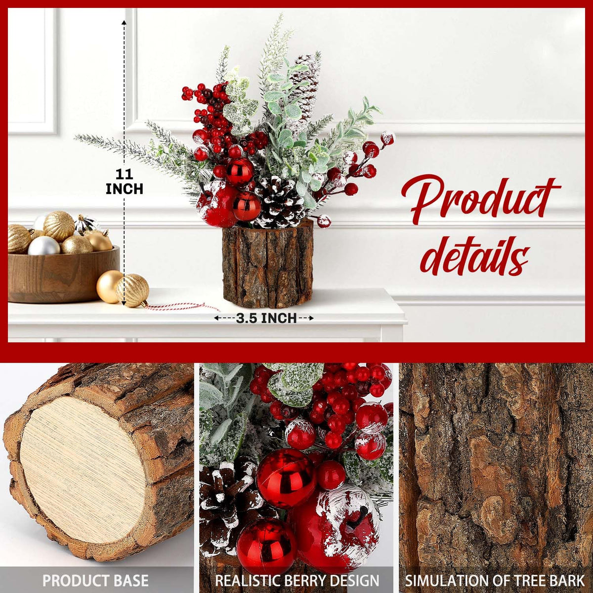 Small Christmas Tree Tabletop Artificial Mini Christmas Tree Decorations with Holiday Ornaments Red Berry Pine Cone Greenery for Home Indoor Fireplace Mantel Xmas Decor (2pcs -Tree Stump-Red)