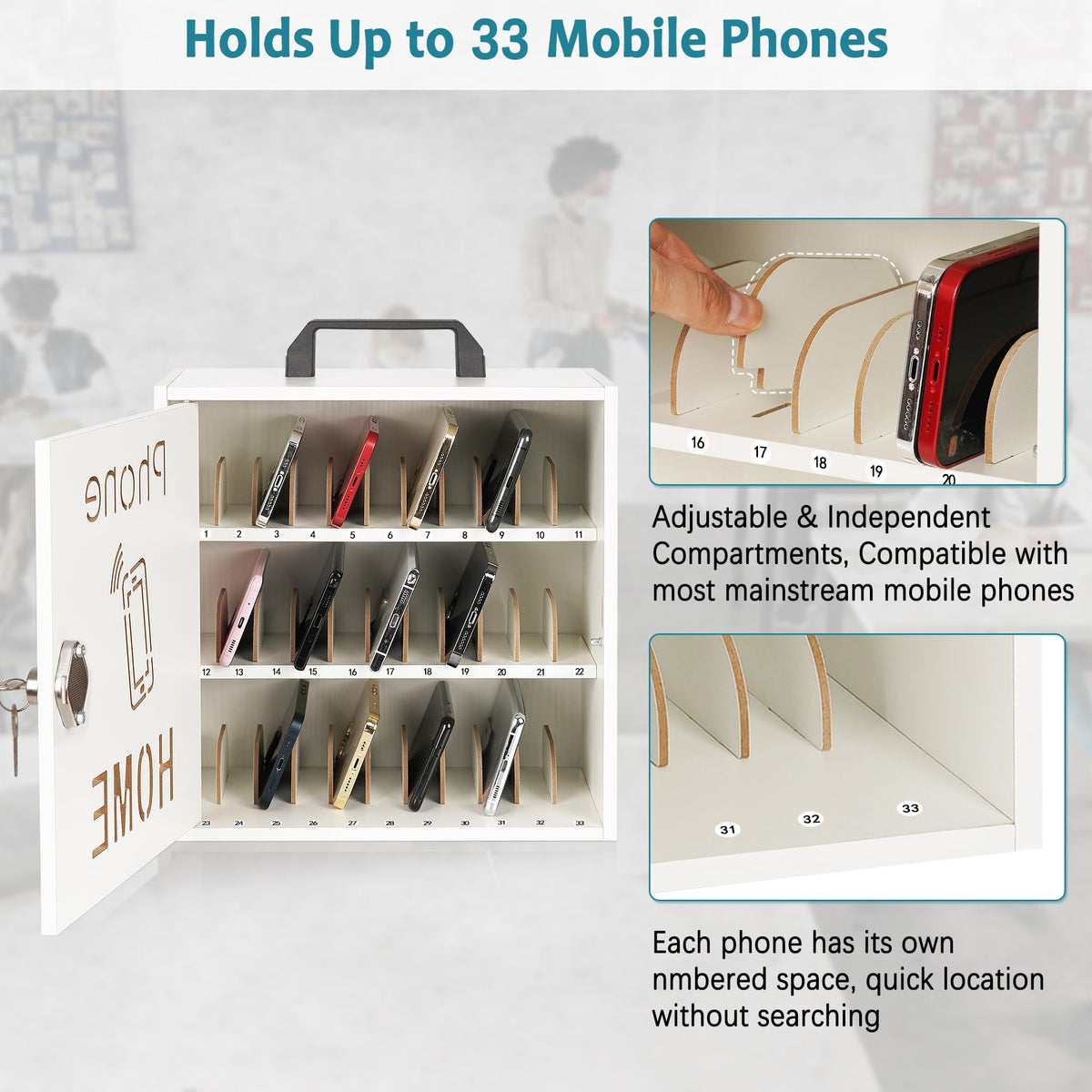 Loghot Wooden Cell Phone Storage Cabinet, 33 Adjustable Slots Cell Phone Locker with Security Lock & Handle, Desktop Phone Organizer for Classroom, Office & Repair Shops, White