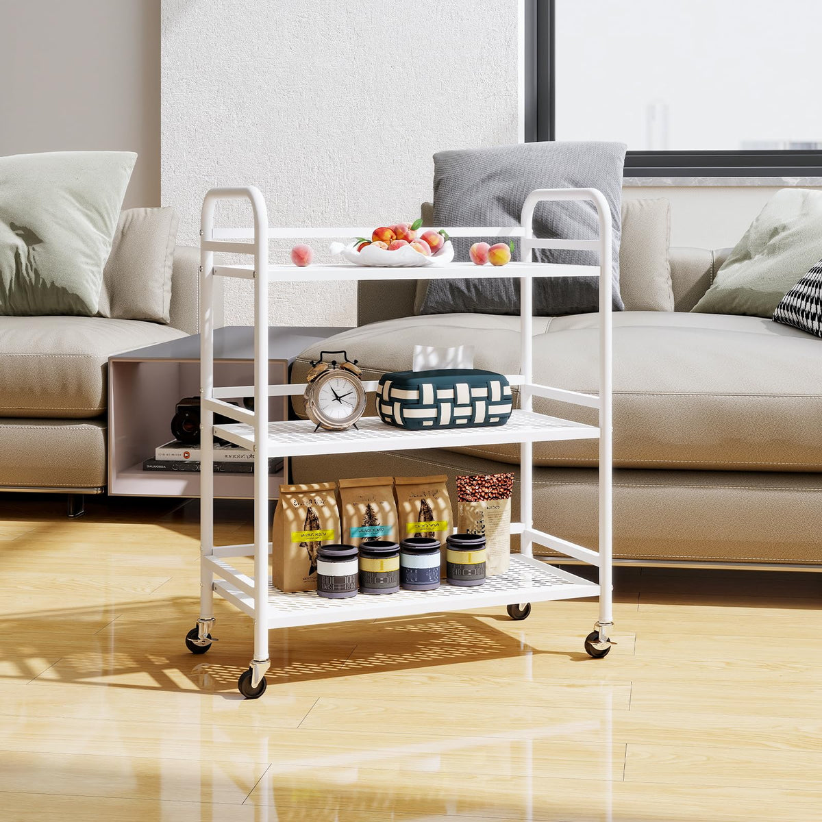 HDANI 3 Tier Metal Rolling Heavy Cart Supports 40 Lbs Per Tier,Mesh Rolling Cart with 2 Lockable Wheels for Office,Home,Bedroom,Kitchen,Bathroom(White)