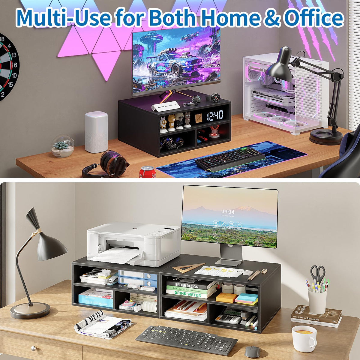 ALISENED Printer Stand for Desk, 2-Tier Wooden Desk Organizer with Adjustable Compartments, Heavy Duty Desktop Stand for Printer Scanner Monitor, Space Saving Office Organization and Storage, Black