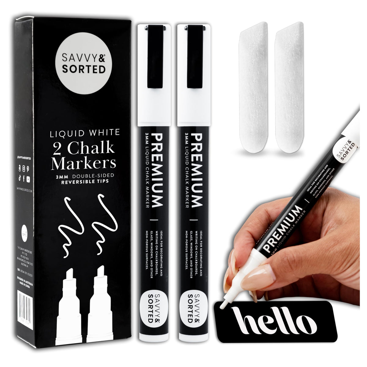 SAVVY & SORTED Erasable White Chalk Markers, 2PK 3mm Liquid Fine Tip Pens Chalkboard Bistro Marker for Glass Window Board