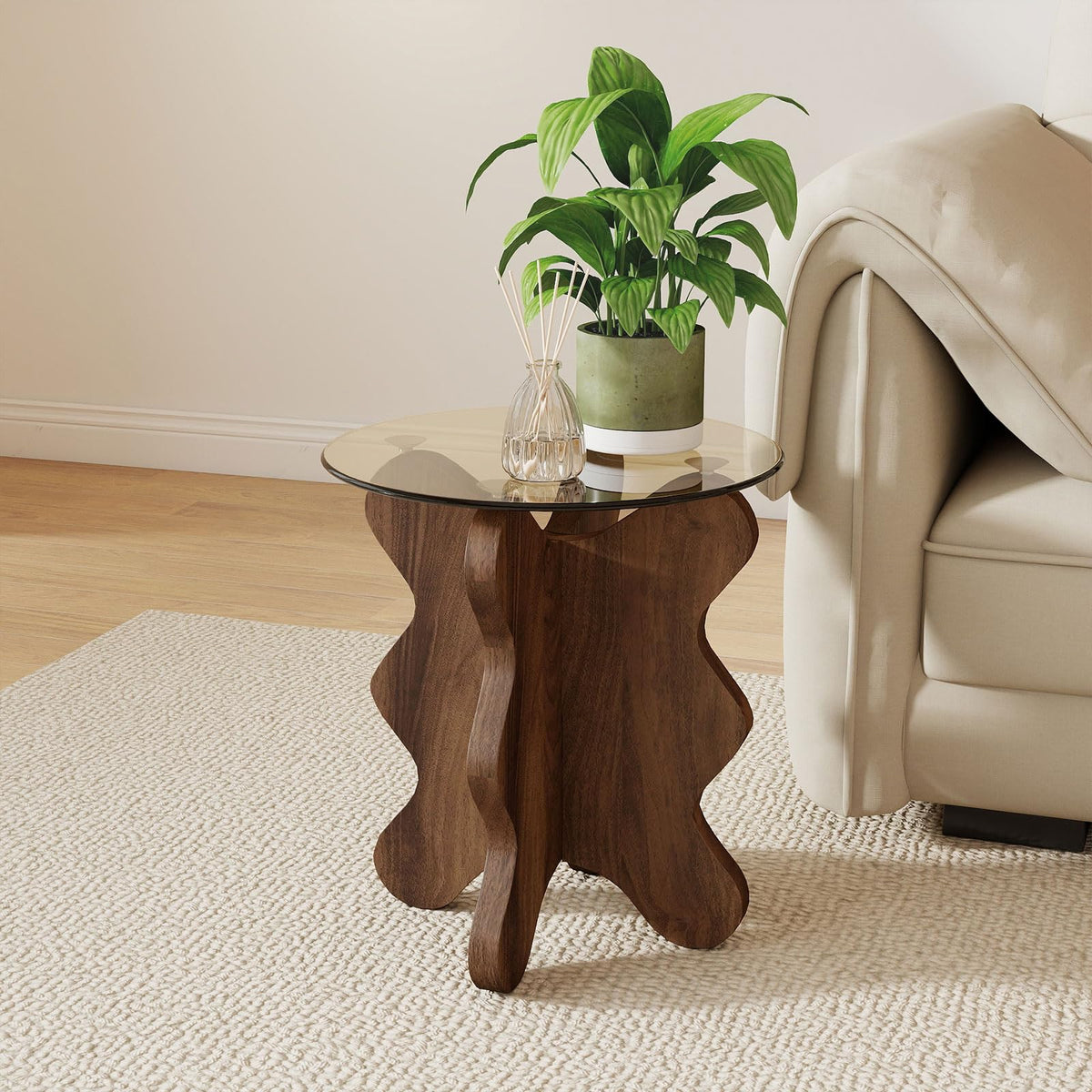 Permory MDF Frame Side Table with Brown Tempered Glass Top, Mortise and Tenon Joint Design, No Screw Easy Assembly, Sturdy End Table for Living Room, Bedroom (Seaweed-Brown)