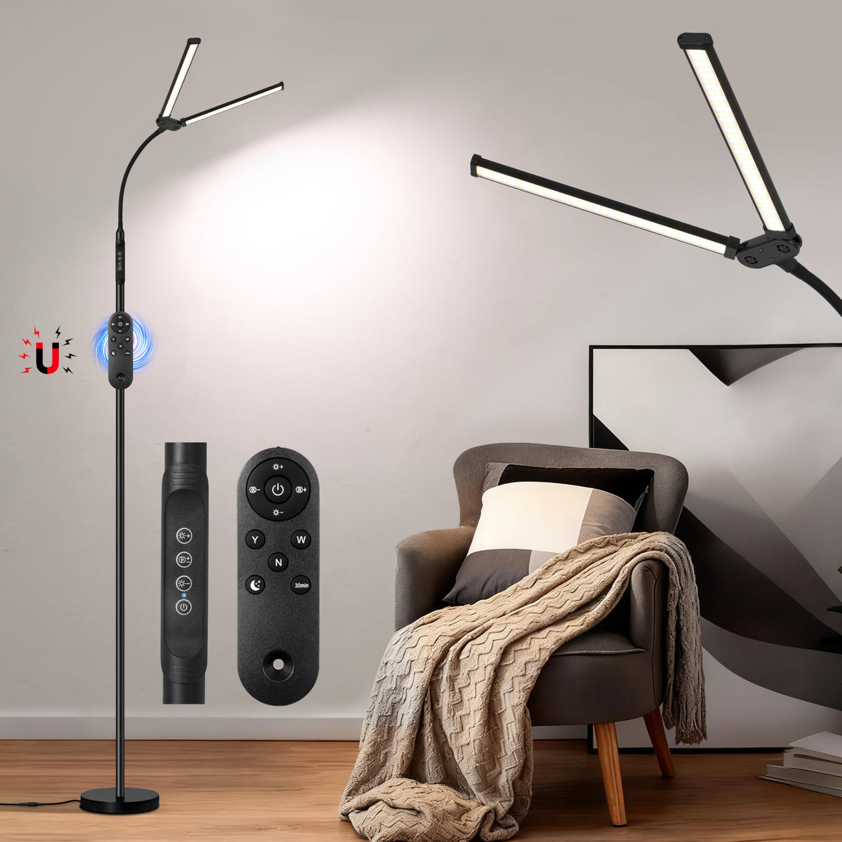 JhauvMw Dual Head LED Floor Lamp 18W, 3 Color Modes 10 Brightness, Pole Controller & Magnetic Remote, Adjustable Gooseneck, Built-in Wire, USB Eye-Caring Lamp for Living Room, Reading, Office