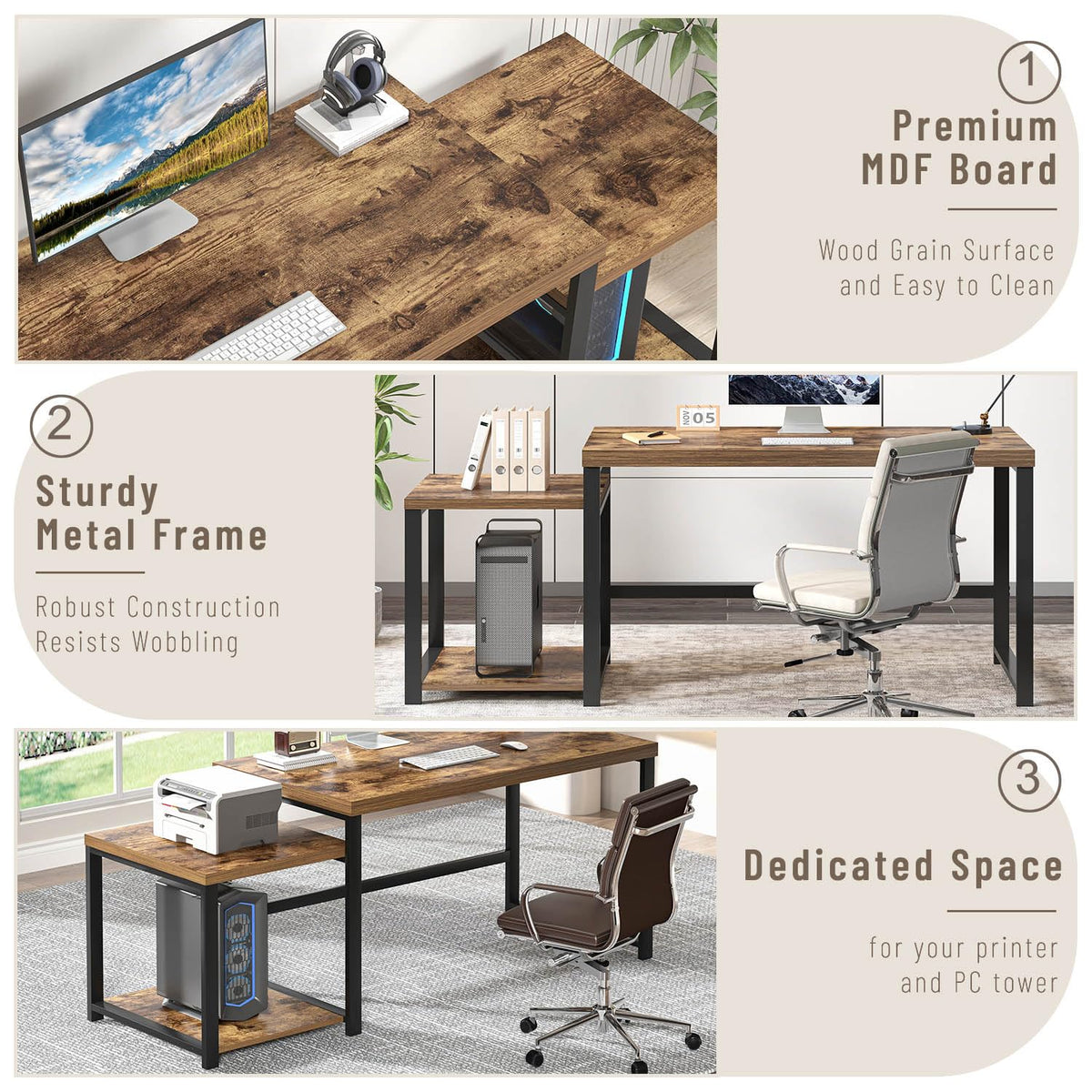 FOLUBAN Large Computer Desk for Home Office with Printer Space, Wood Study Gaming Workstation Table with Storage Shelves, Long Writing Desk for Bedroom Living Room, Rustic Brown, 63 Inch