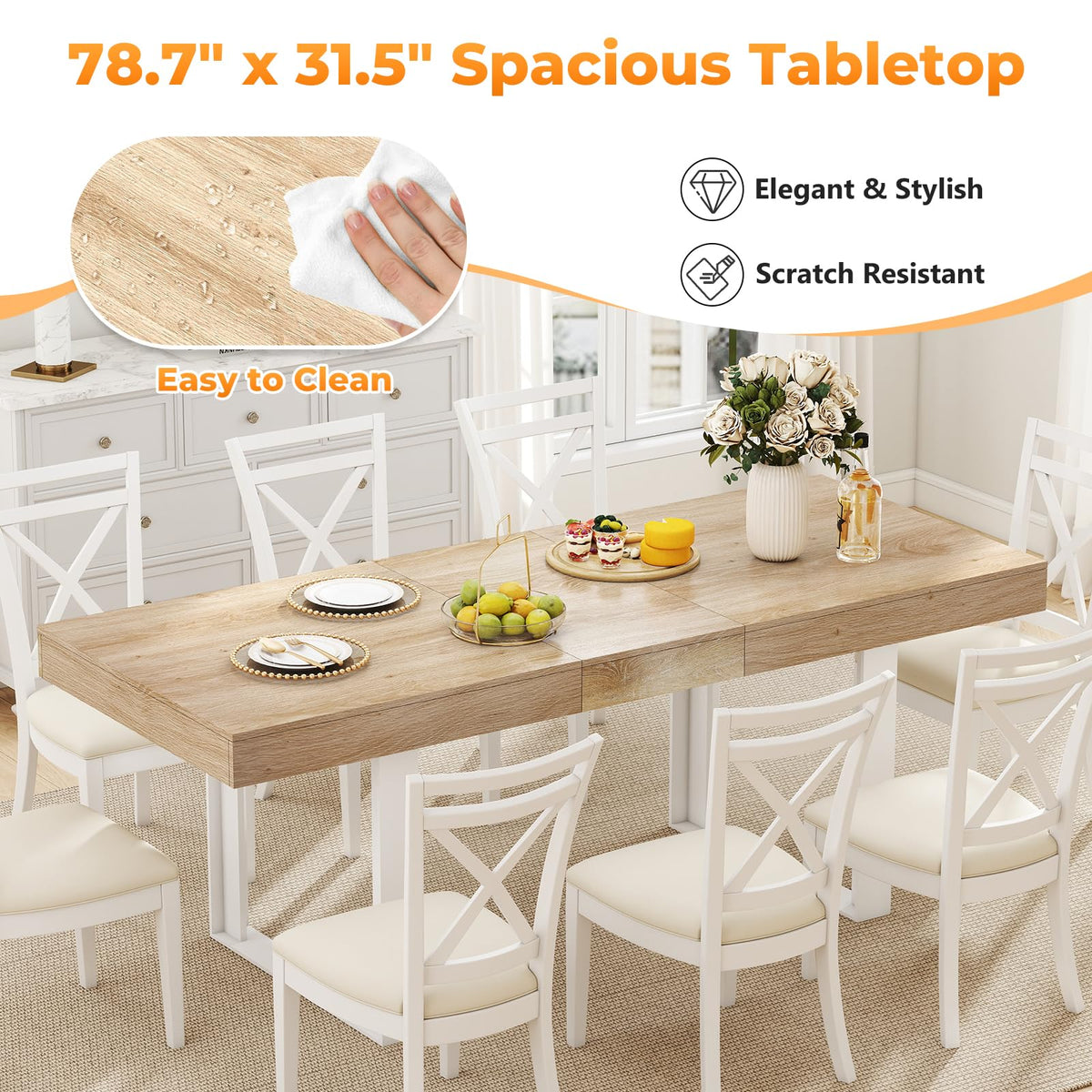 Zevemomo 63"-78.7" Expandable Dining Table, 6-10 Extendable Dining Table, Rectangle Conference Table, Farmhouse Kitchen Table with Slide Track, Tapered U-Shaped Wood Legs for Office, Living Room-Oak