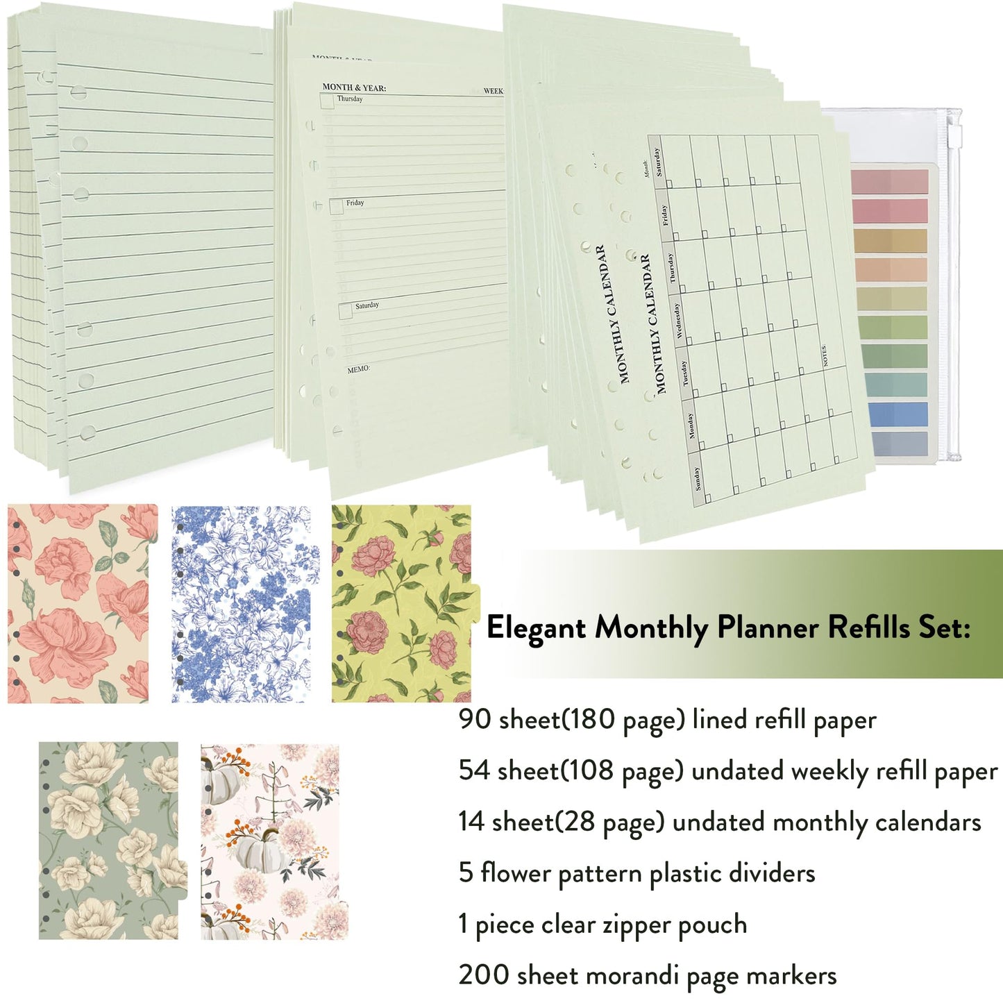 Metrubyone 90+54+14 A5 Refill Paper with Undated Monthly Weekly Calendar Planner Inserts, 6 Ring Loose Leaf Lined Filler Paper Refillable for Binder Planner Journal Agenda Notebook