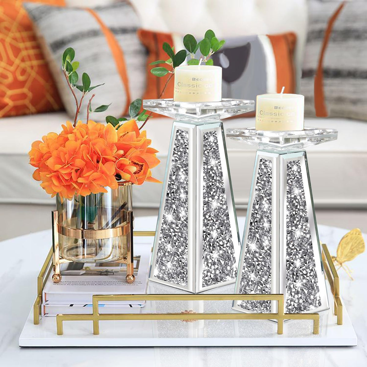 Wocred 2 Piece Candlestick Holders for Holding Pillar Candles, Crystal Crushed Diamond Candle Holders Set Decor for Dinning Room, Silver Glass Votive Candle Holders for Table Centerpiece(8”)
