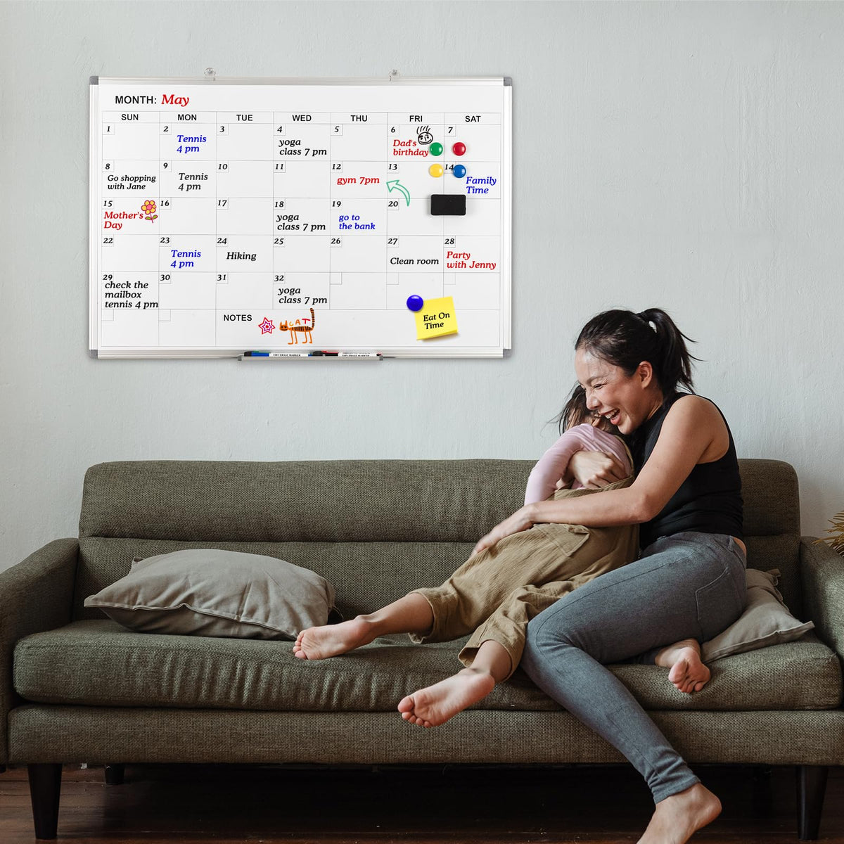 Comix Magnetic Dry Erase Calendar Whiteboard, 36 x 24 Inches Monthly Calendar Dry Erase Board for Wall, Aluminum Frame Planner White Board with Dry Erase Markers, Eraser, Magnets