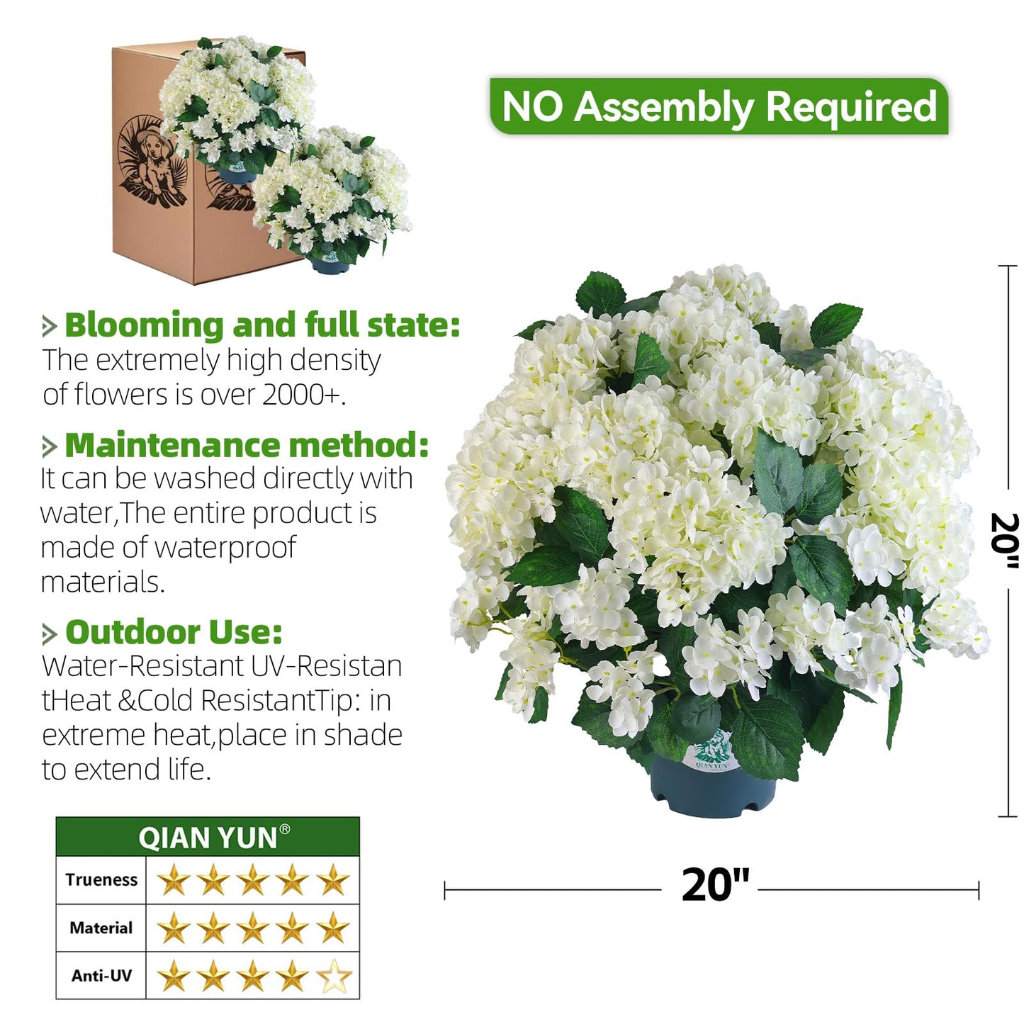 QIANYUN Artificial Hydrangea Bush – 20 Inch Potted Faux Hydrangea Plant, UV Resistant Outdoor Hydrangea Artificial Plants for Front Porch, Garden, Patio & Indoor Decor