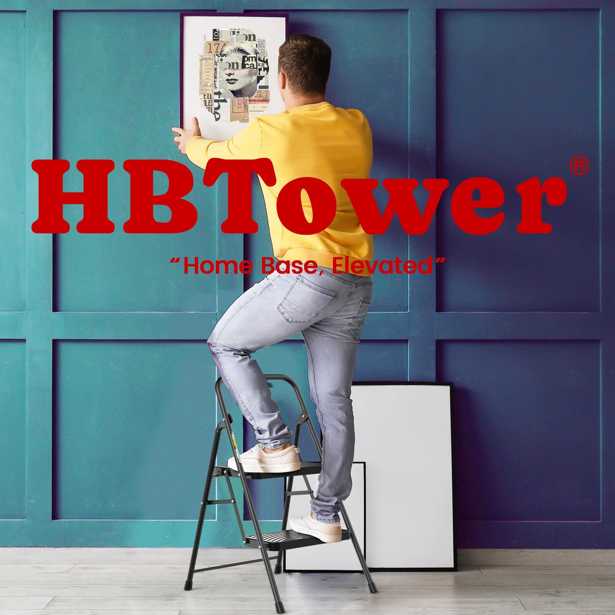 HBtower 2 Step Ladder, Step Stool with Wide Anti-Slip Pedal, Folding Step Stool with Convenient Handle for Home and Kitchen, Black