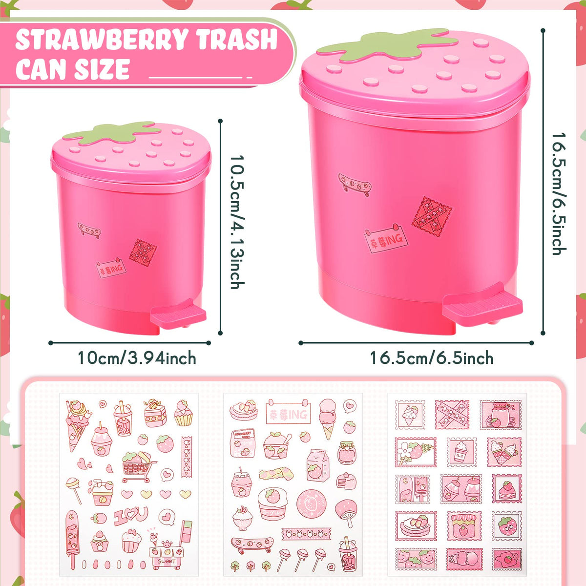 Tessco for you 2 Pieces Strawberry Desk Trash Can Cute Mini Countertop Trash Can with Lid Kawaii Small Garbage Plastic Waste Bin with Sticker for Car Office Home Bedroom Bathroom Kitchen Decor(Pink)